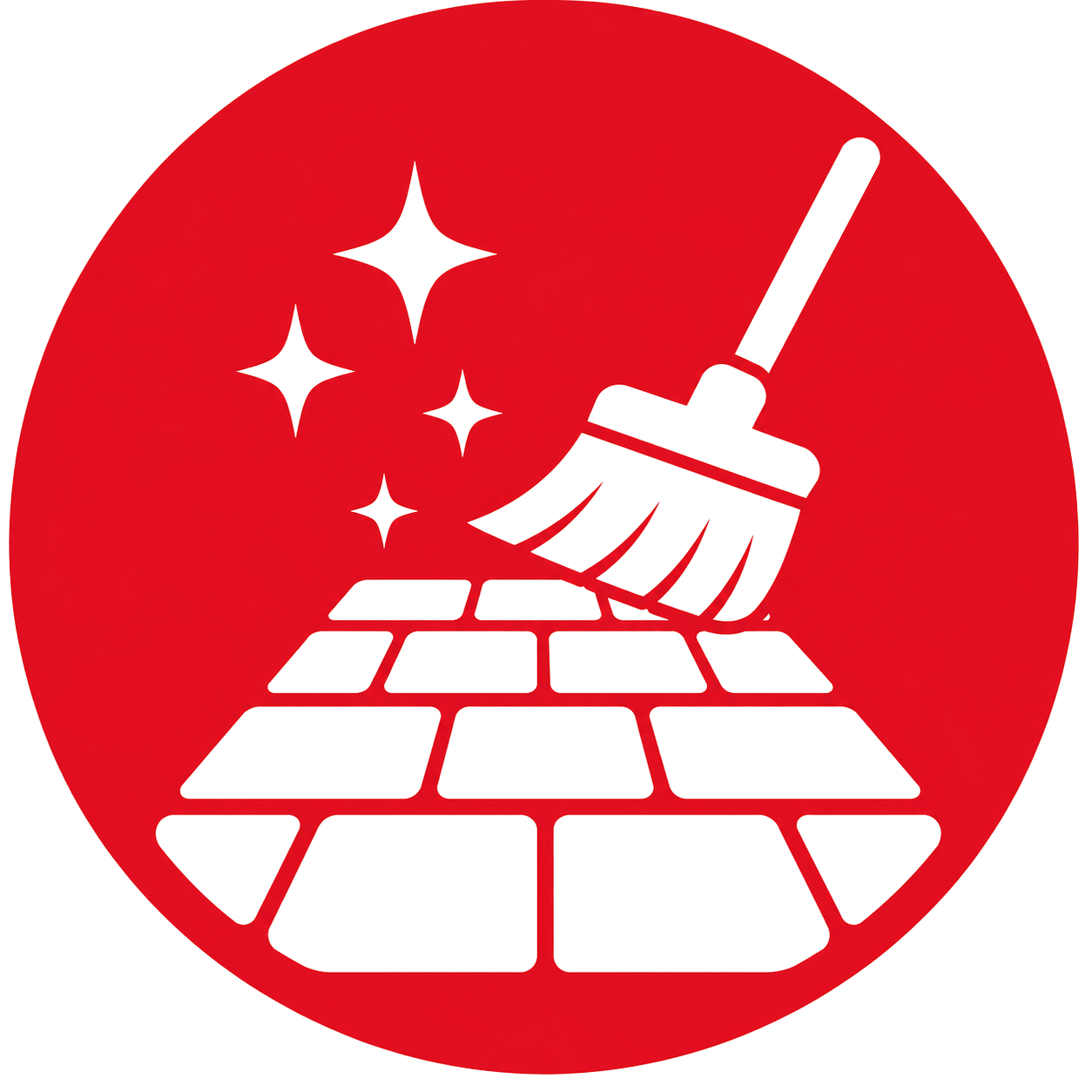 Swinging mop cleaning a brick floor with sparkles in a red circle background.