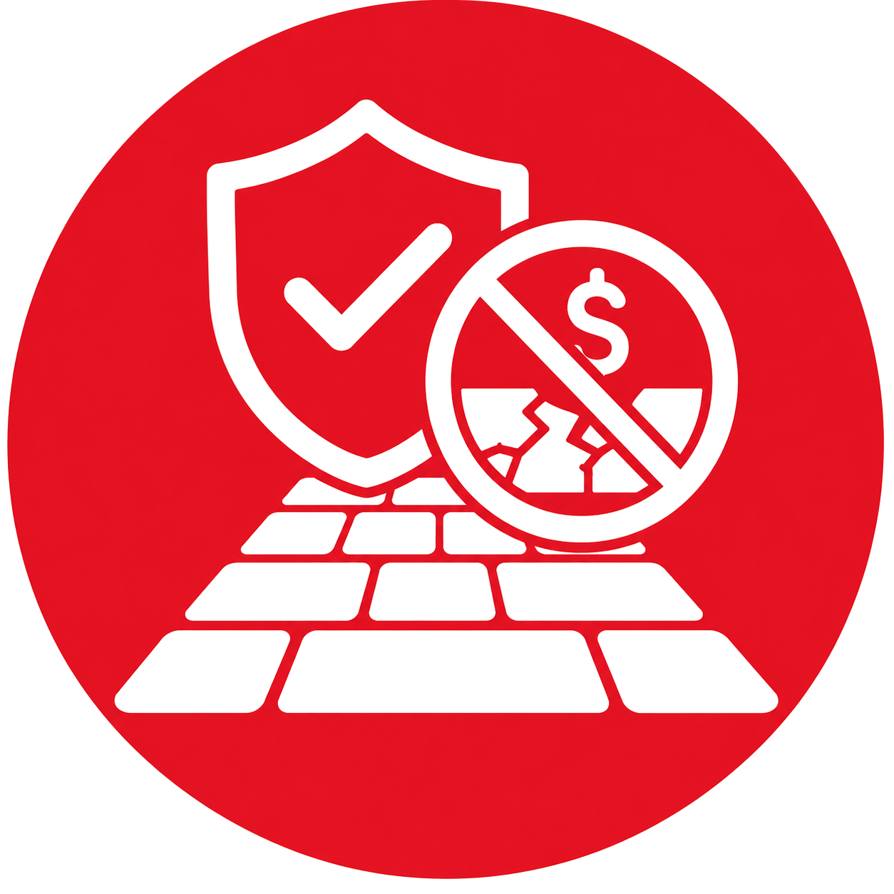 A security or anti-fraud symbol featuring a shield with a check mark, a crossed-out dollar sign, and a cracked brick wall, all on a red circular background.