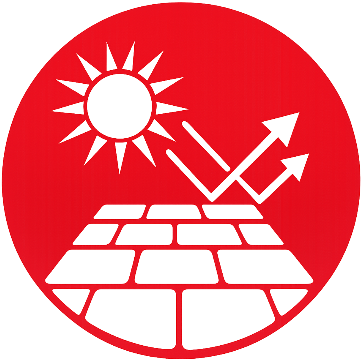 Red circular symbol featuring a white stylized sun, a grid-like surface, and three upward-trending arrows with dashed lines indicating solar energy and growth.