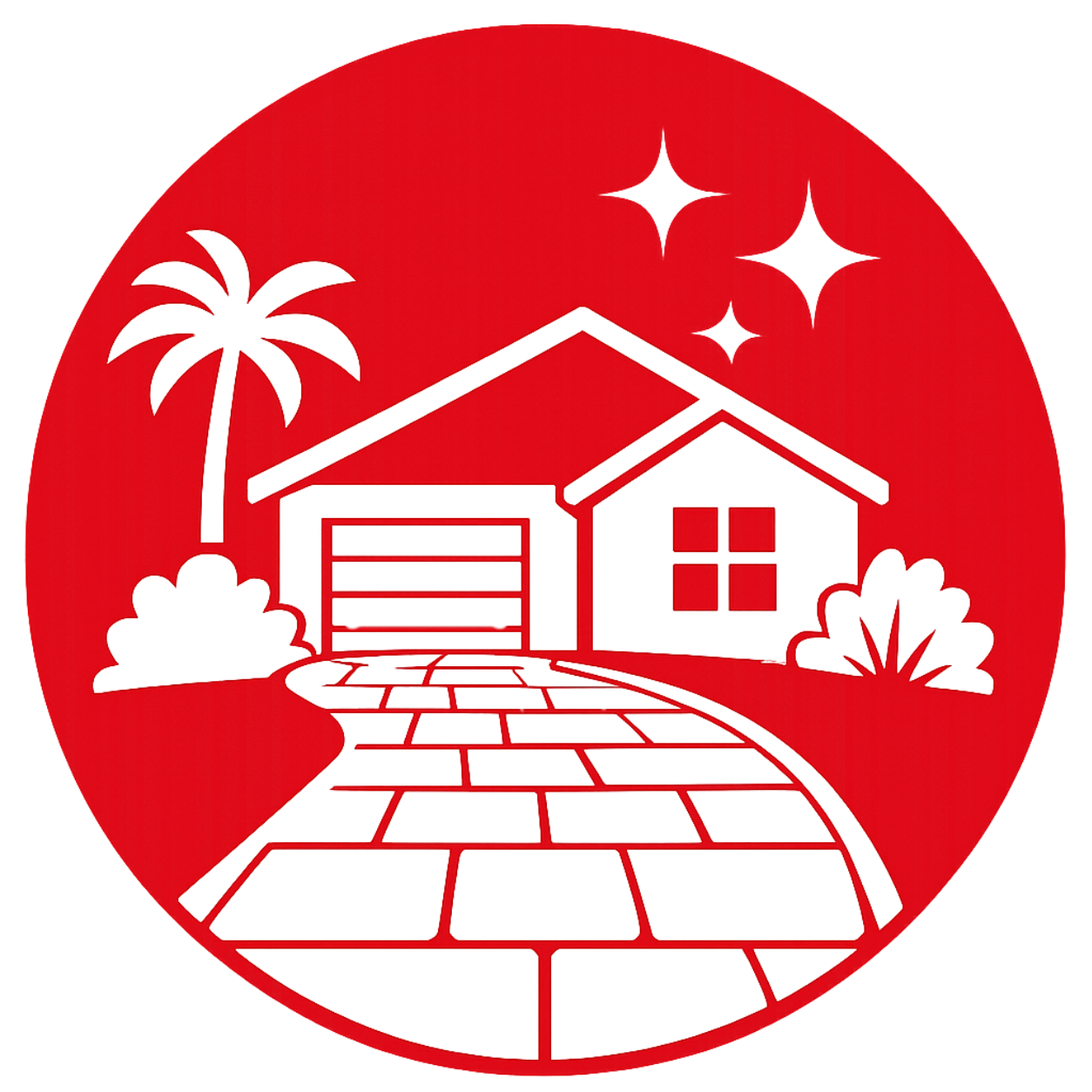 Illustration of a house with a driveway, palm tree, bushes, and stars in a red circle