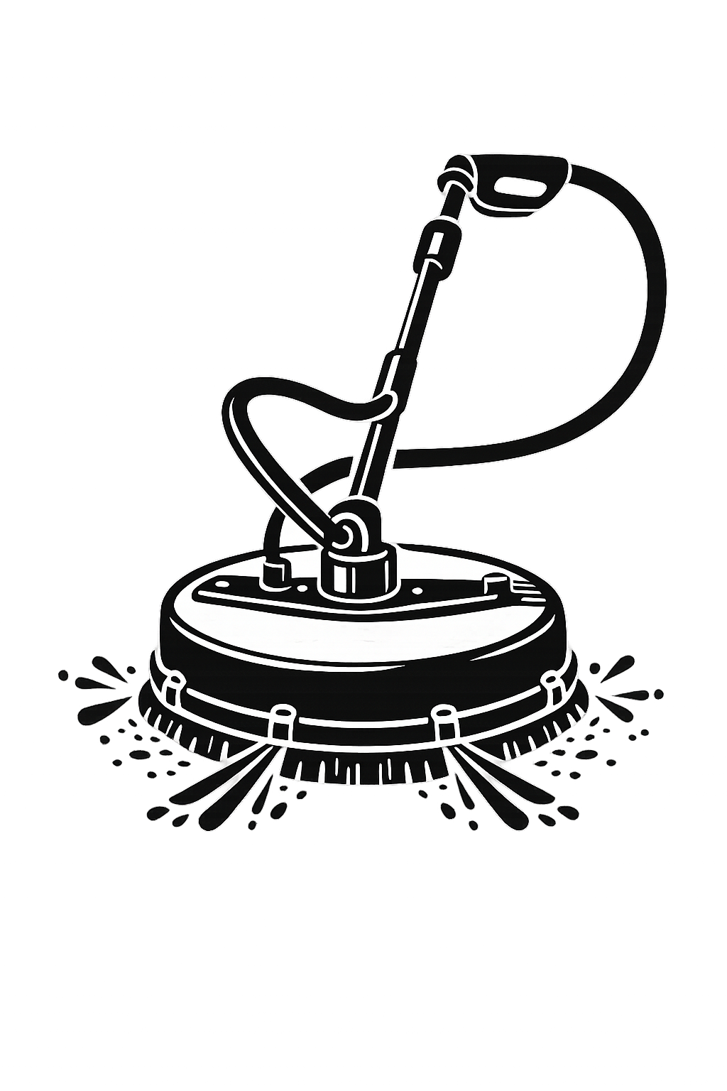 Black and white line drawing of a steam cleaning machine with water splashes at its base.