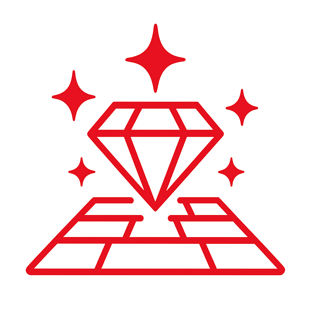 A red line drawing of a diamond hovering above a rectangular surface with a grid pattern, surrounded by four small stars and one larger star shape on top.