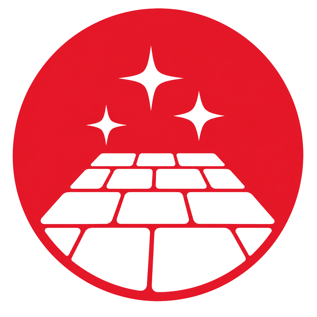 Red circular logo with a white pyramid of rectangles and three white stars above.