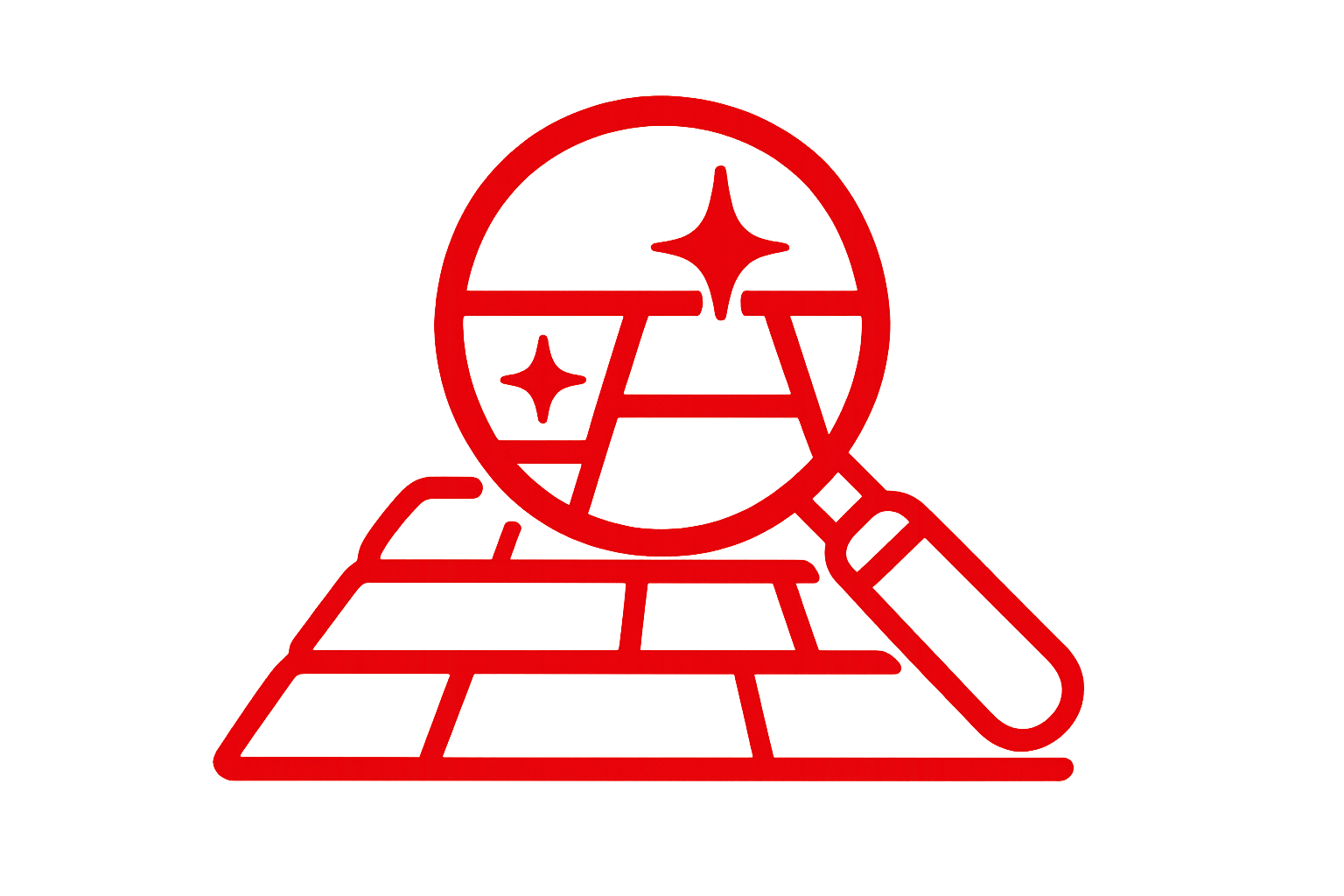 A stylized red outline of a detective or investigator with a magnifying glass examining a crime scene with a chalk outline of a body, set against a black background.