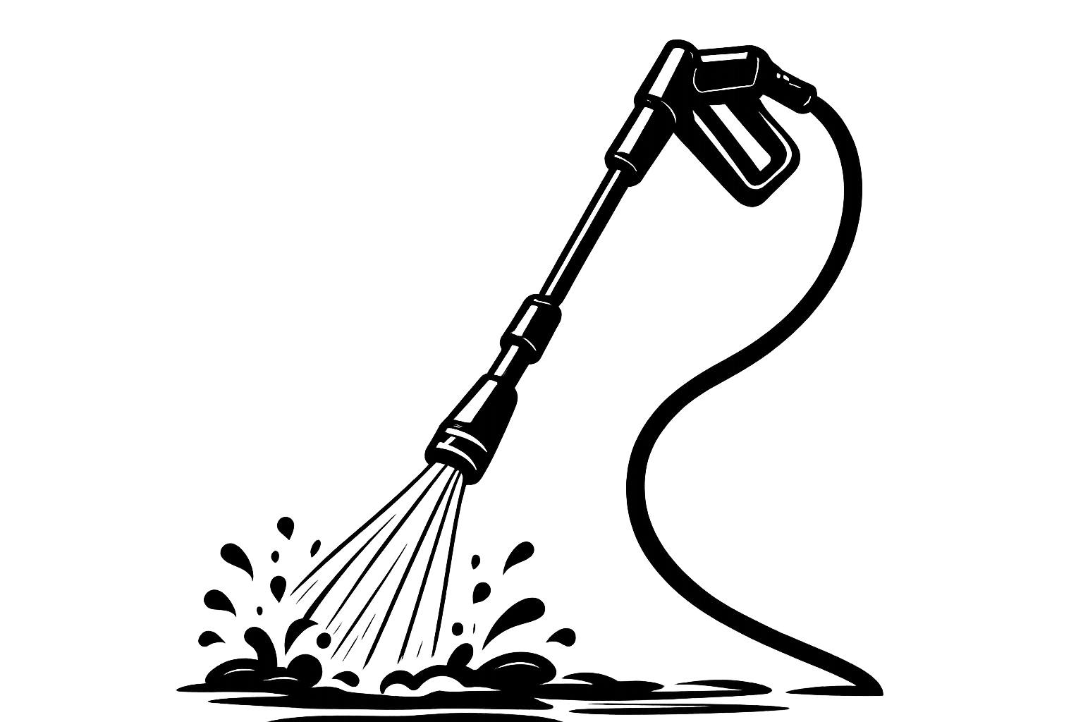 Illustration of a garden hose with a spray nozzle on a black background, spraying water.