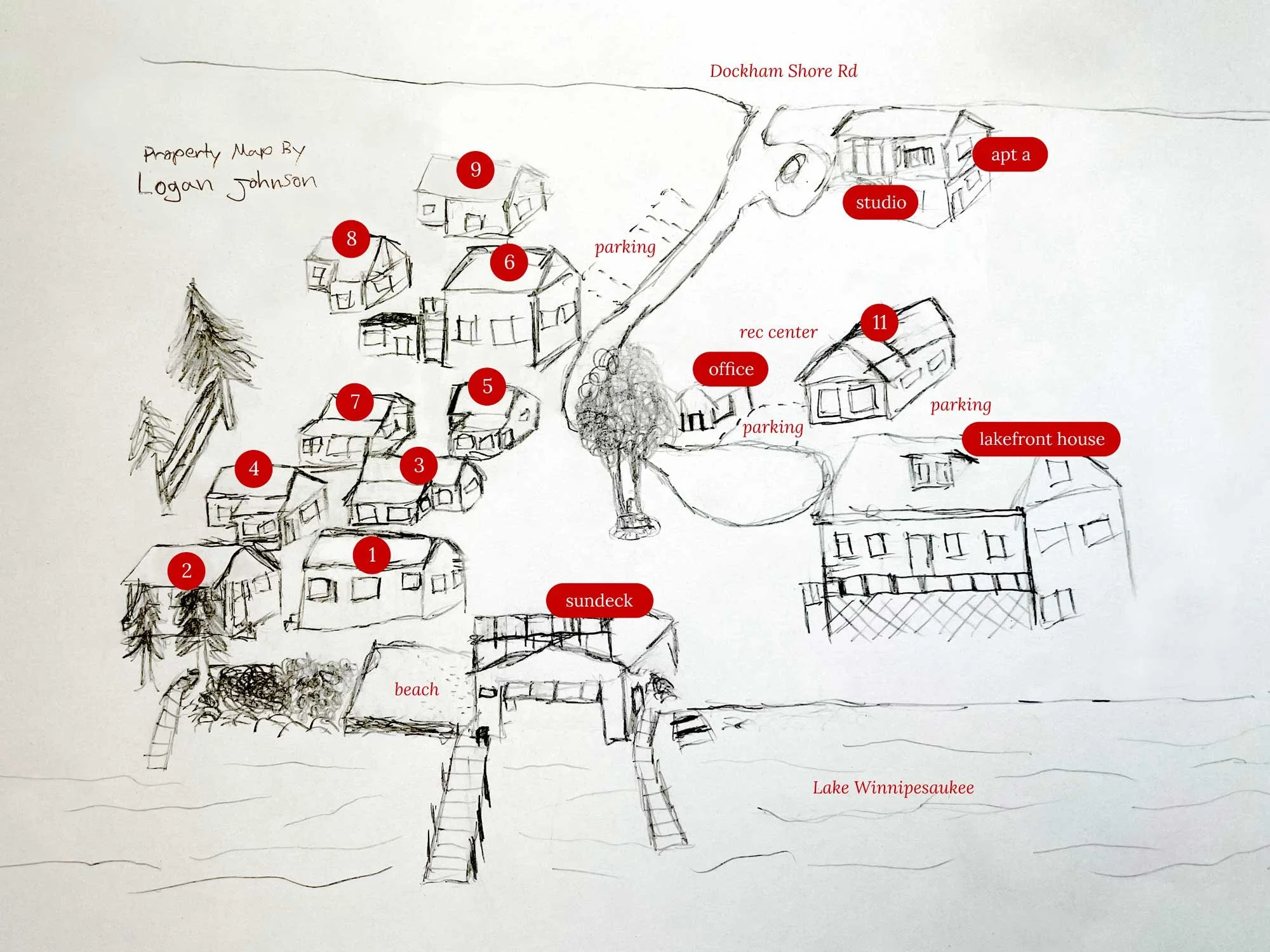 A hand-drawn map featuring Sundeck Cottages property features on Lake Winnipesaukee in Gilford New Hampshire.
