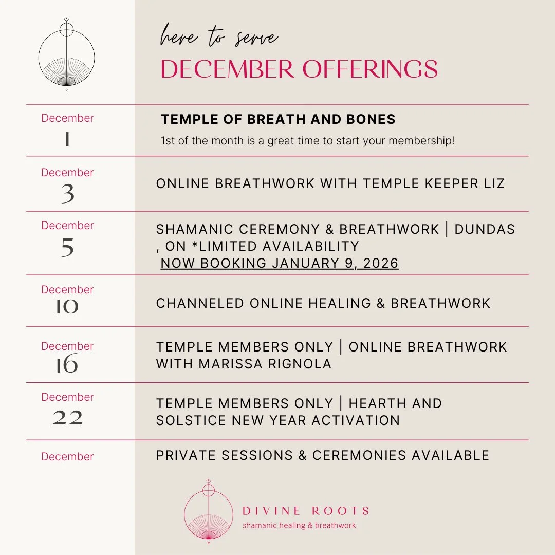 🔥December Offerings are here with Divine Roots!🗓️⁠ ⁠
⁠
December 1 | Start something new - Join the Temple of Breath and Bones⁠
⁠
December 3 | Online Breathwork with Temple Keeper Liz @lizihrig ⁠
⁠
December 5 | Shamanic Ceremony &amp; Breathwork | D