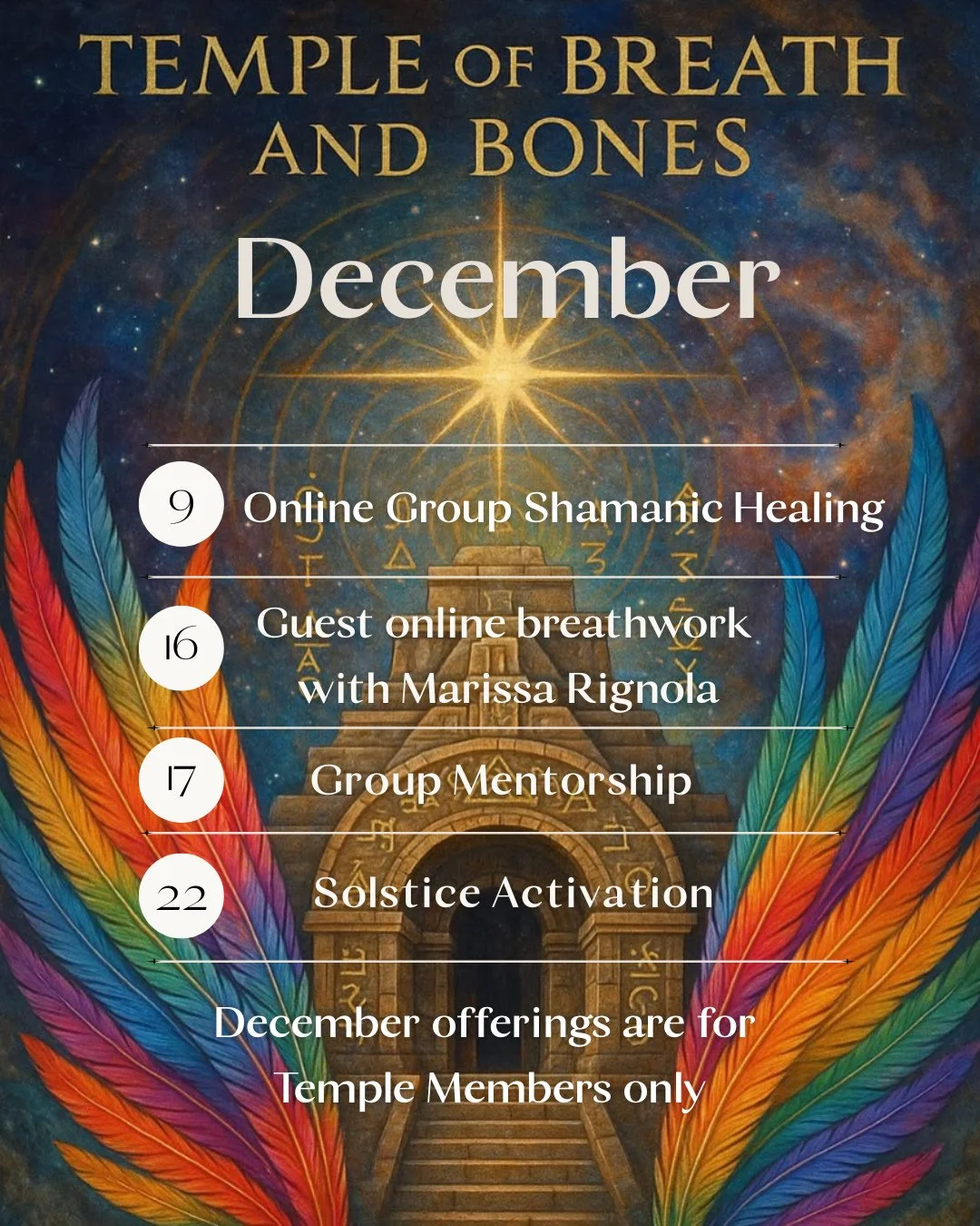 December | Temple of Breath and Bones Membership⁠
⁠
This month is full for our Membership!⁠
⁠
✅️ December kicks off with an online Group Shamanic Healing with me!⁠
✅️ Pop up Breathwork with @marissa_rignola⁠ Breathe into Giving Thanks⁠
✅️ Live Group 