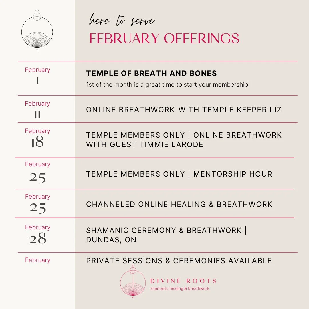 🔥February Offerings are here with Divine Roots!🗓️⁠
⁠
February 1 | Start something new - Join the Temple of Breath and Bones⁠
⁠
February 11 | Online Breathwork with Temple Keeper Liz @lizihrig ⁠
⁠
⁠February 18 | Temple Members Only | Online Breathwo