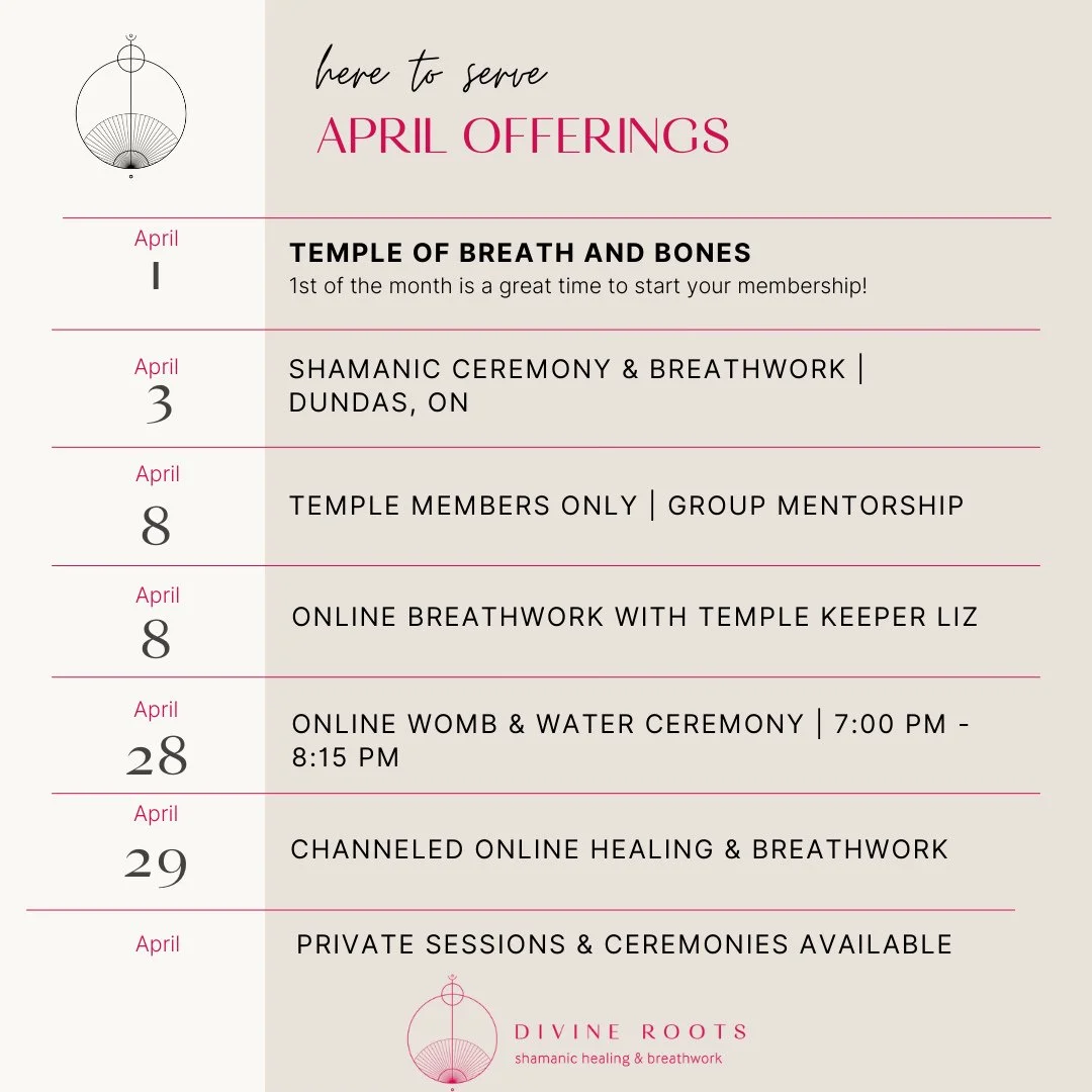 🌷April Offerings are here with Divine Roots!🗓️⁠
⁠
April 1 | Start something new - Join the Temple of Breath and Bones⁠
⁠
April 3 | Shamanic Ceremony &amp; Breathwork | Dundas, ON⁠
⁠
 ➡️ SOLD OUT | Wait List only⁠
 🗓️ Fri May 22, 2026 Ceremony is o