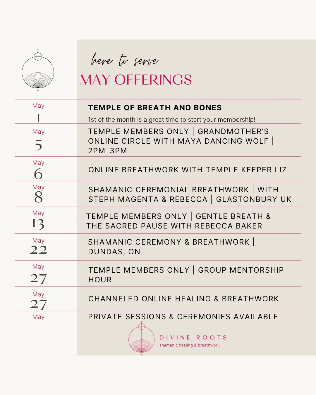 May Offerings are here with Divine Roots!🗓️⁠
⁠
May 1 | Start something new - Join the Temple of Breath and Bones⁠
⁠
⁠May 5 | Temple Members Only | Grandmother&rsquo;s Online Circle with Maya Dancing Wolf | 2pm - 3pm ⁠
⁠
May 6 | Online Breathwork wit