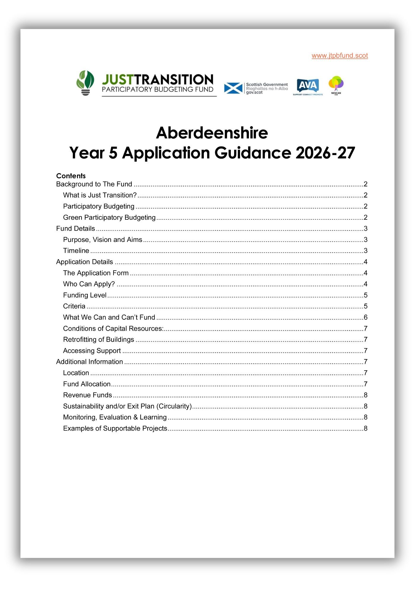 Table of contents page from a document titled 'Aberdeenshire Year 5 Application Guidance 2026-27', including logos of Just Transition Participatory Budgeting Fund, Scottish Government, AVA, and NESCAF, with sections listed such as Background, Fund Details, Application Details, Additional Information, and Supporting Projects.