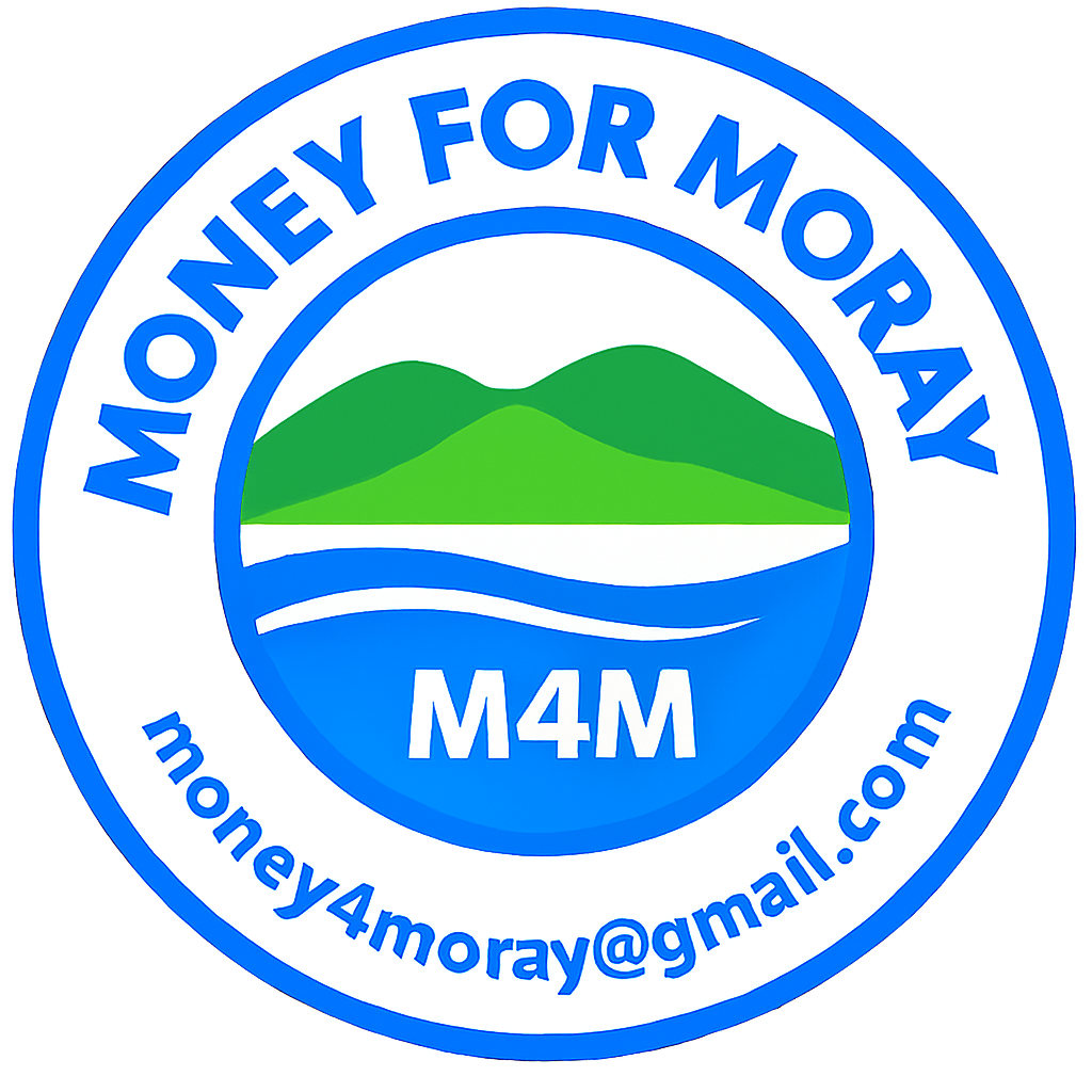 A circular logo with a green mountain range above a blue water body, containing the text "MONEY FOR MORAY" at the top and "M4M" at the bottom center, with the email address "moneymoray@gmail.com" at the bottom.