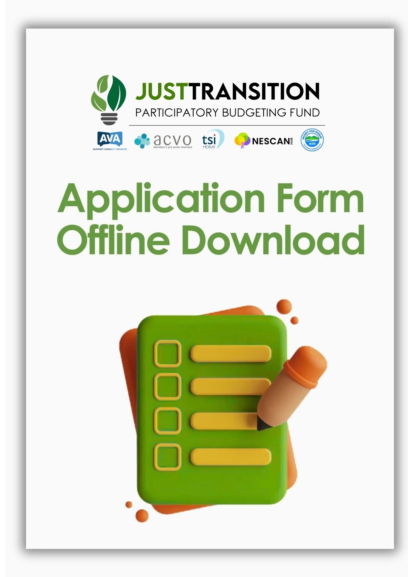 Application form download cover page with a graphic of a green calendar and orange and green abstract shapes.