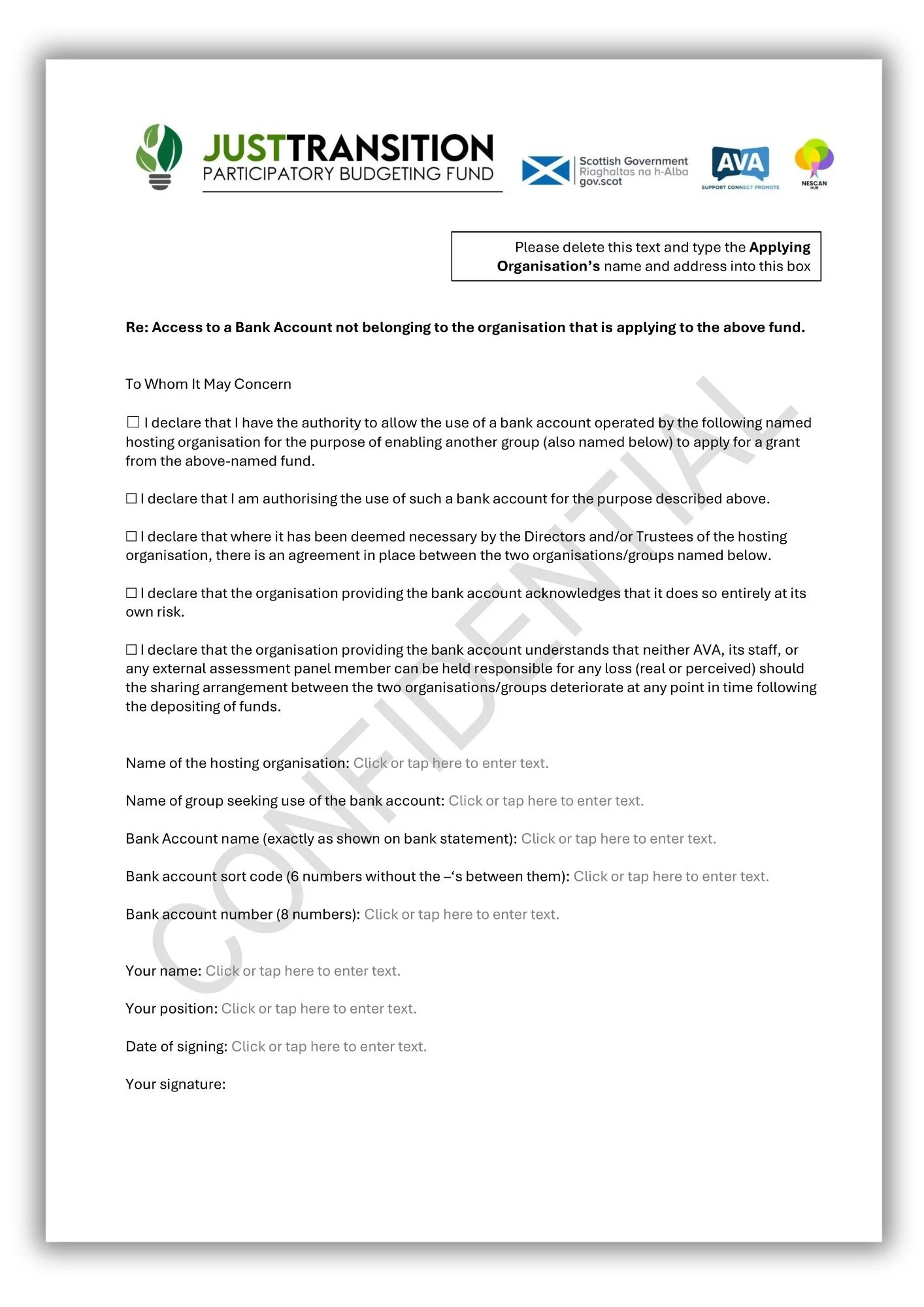 A form titled "Re: Access to a Bank Account not belonging to the organisation that is applying to the above fund" with fields for organisation name, group name, bank account details, and applicant's personal information, including a logo and text at the top.