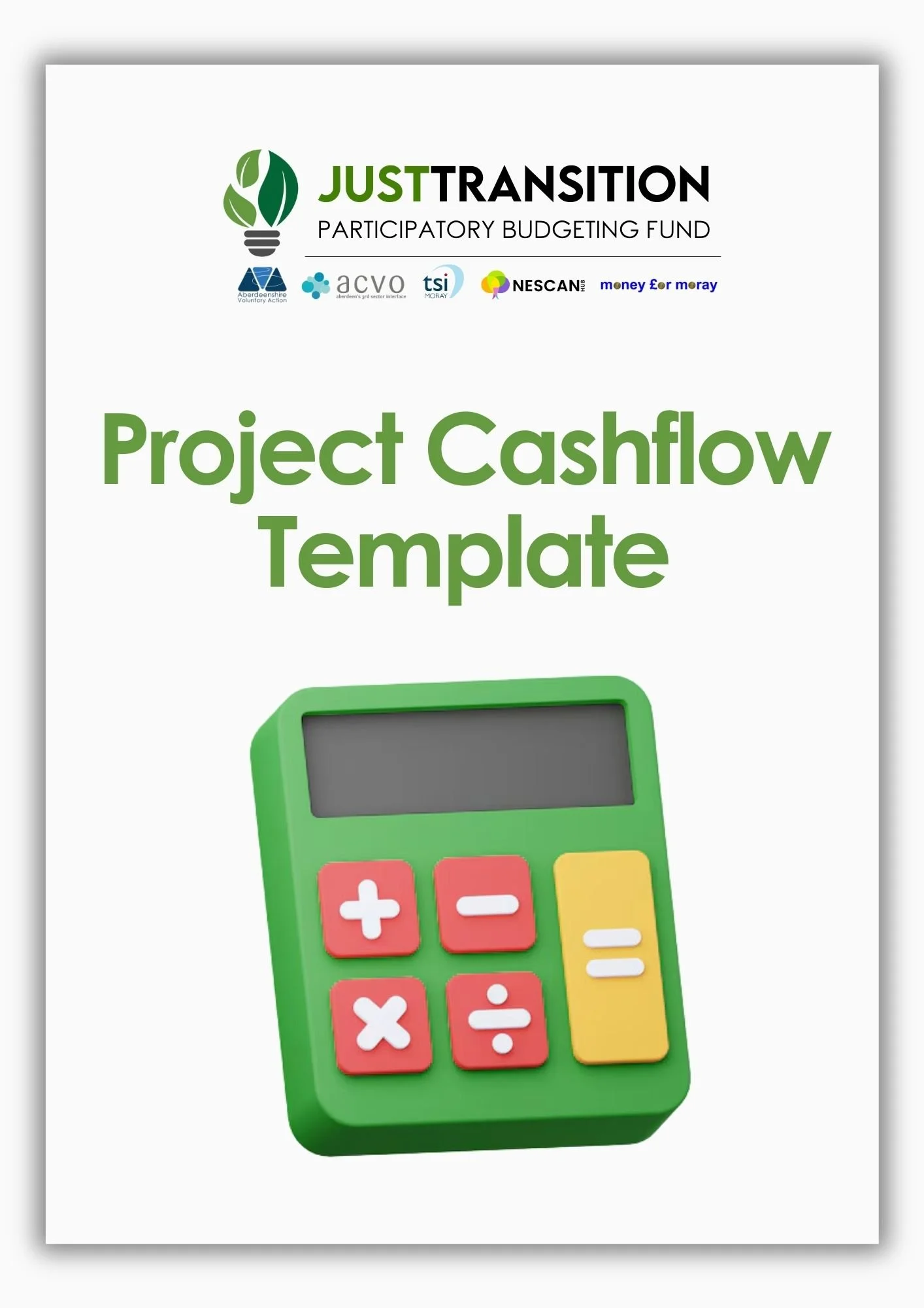 Cover page of a project cashflow template from JUST TRANSITION, featuring a colorful calculator.