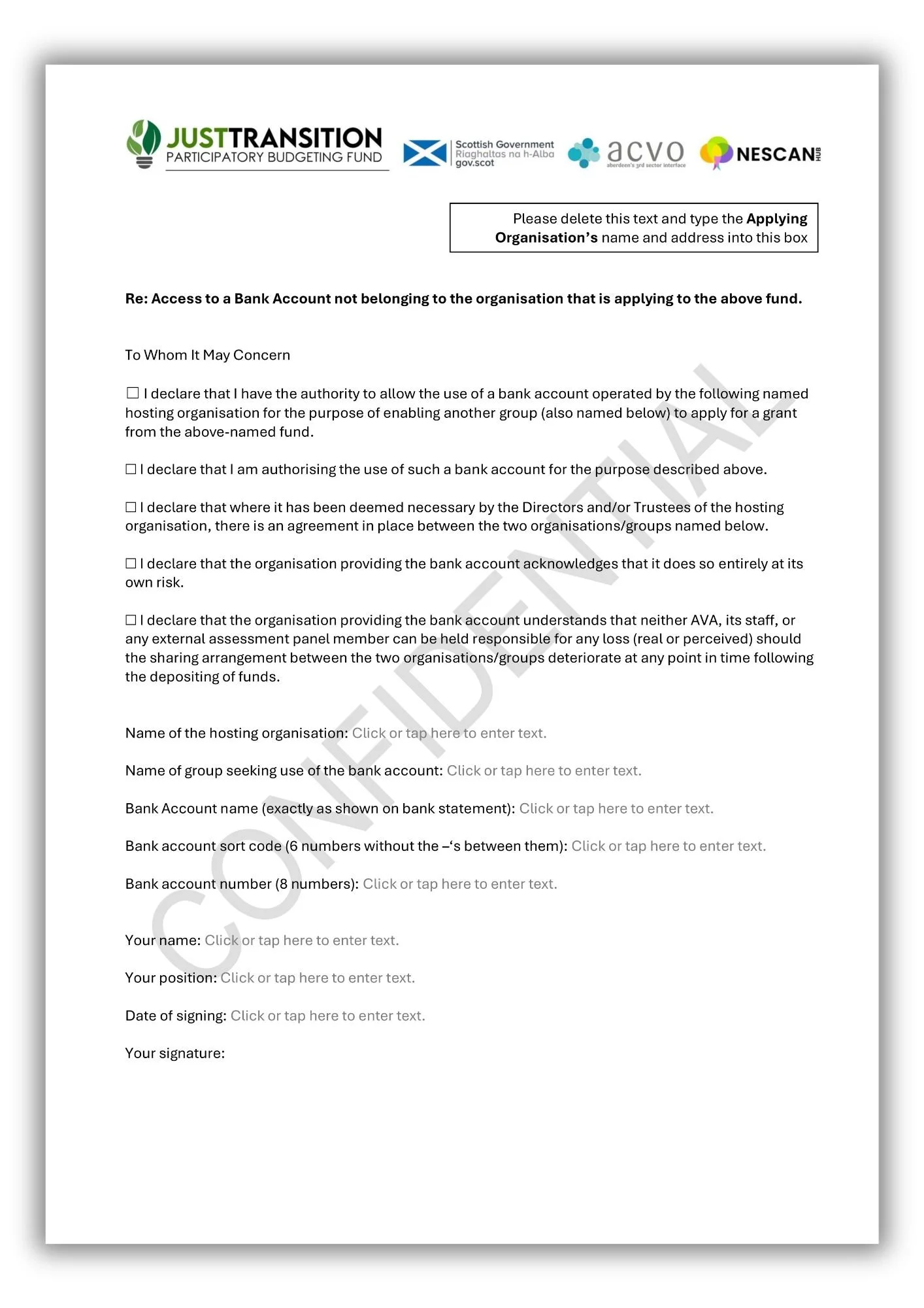 A formal document on a white background with logos at the top, including the Scottish Government, ACVO, and NESCOM. The document appears to be a template for authorizing bank account access for a grant application, with multiple fill-in-the-blank fields for organization and individual details.