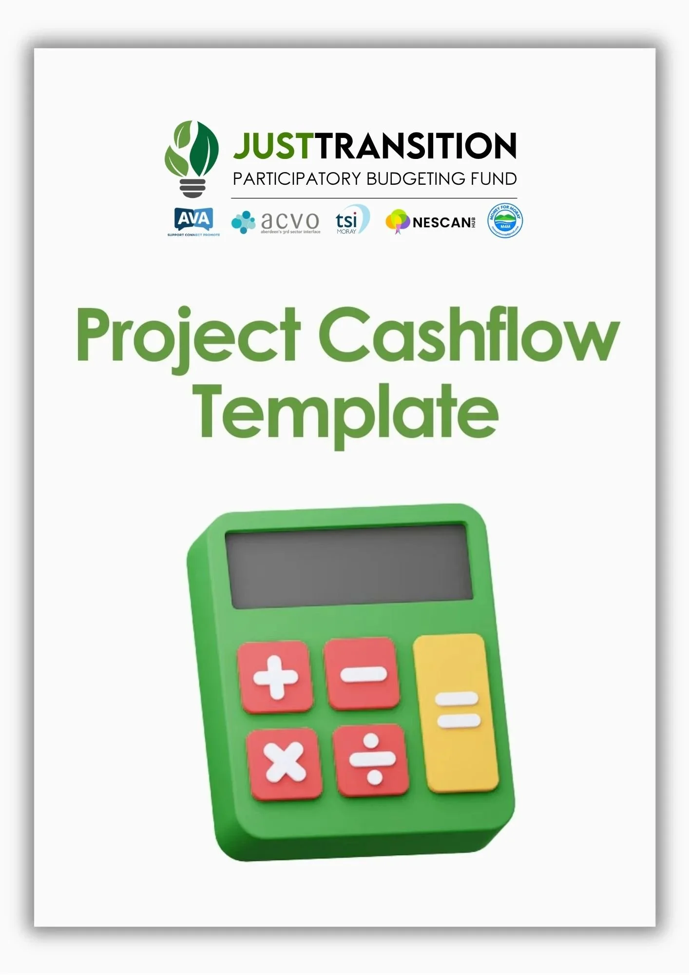 A colorful toy calculator with red, white, yellow, and green buttons on a white background.