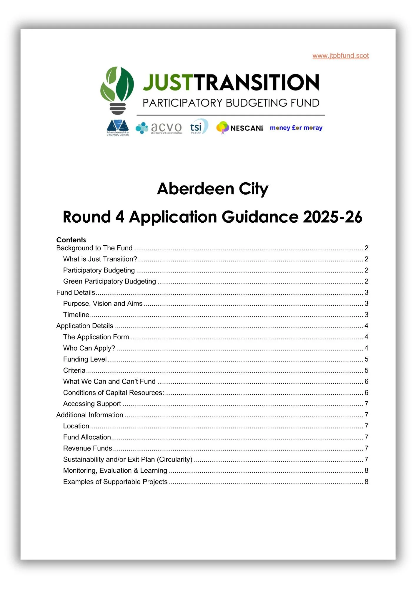 Cover page of a document titled "Aberdeen City Round 4 Application Guidance 2025-26" for a participatory budgeting fund, with logos of various organizations and a table of contents.