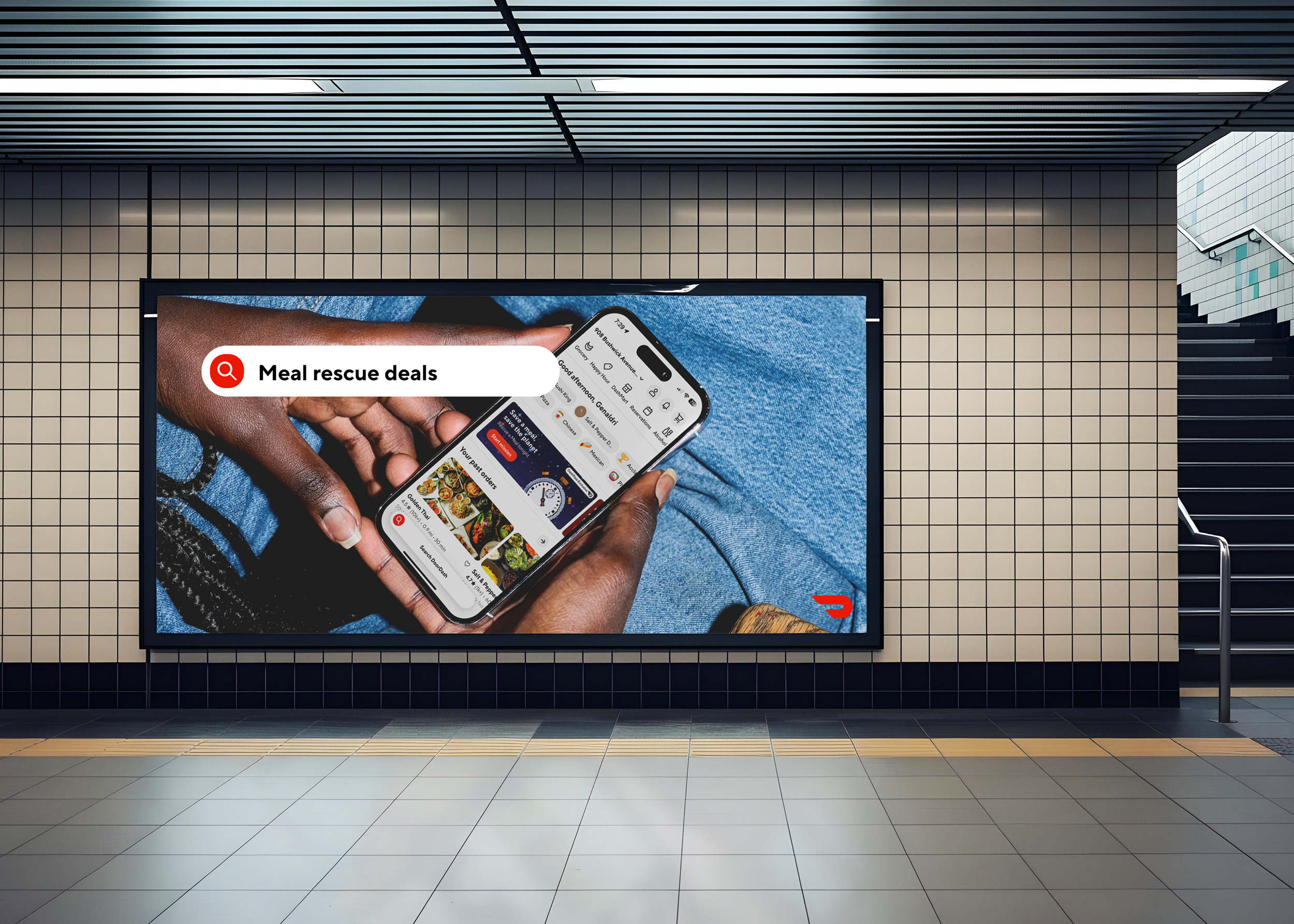 Digital advertisement on a subway station wall showing a person holding a smartphone with a food delivery app open and a search bar reading 'Meal rescue deals'