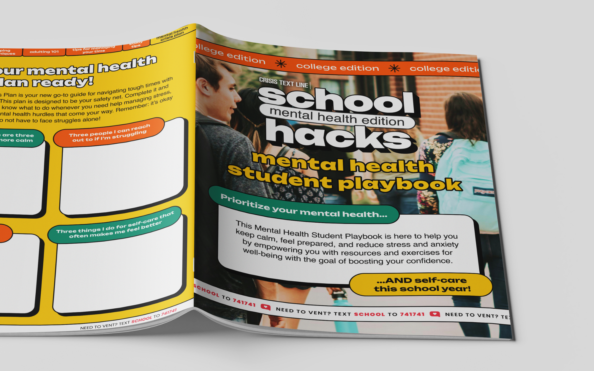 The cover of a student workbook titled 'school hacks mental health student playbook,' featuring three young students walking outside, with a focus on mental health tips and self-care for the school year.