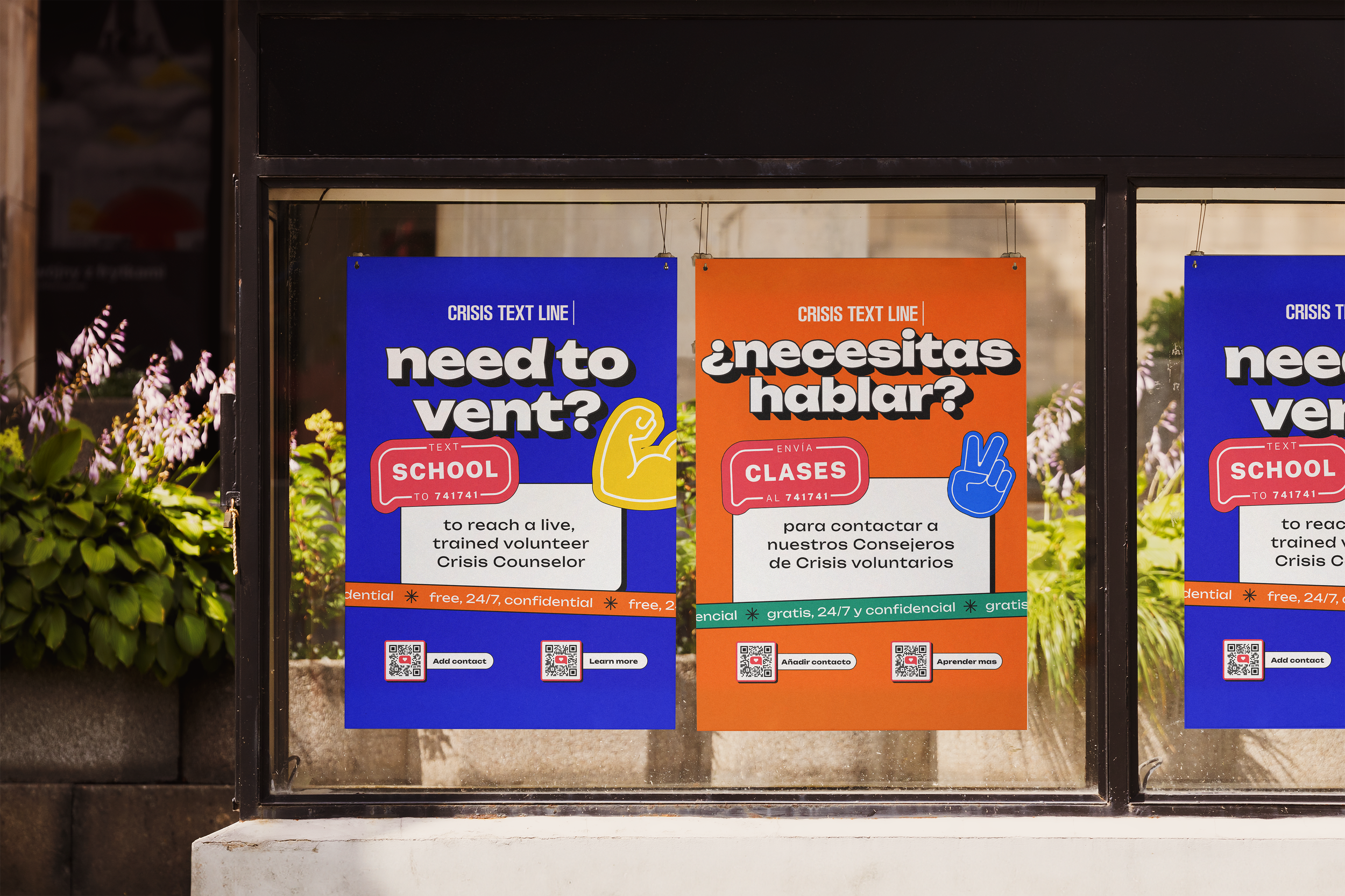 Two posters advertising crisis intervention services, one in English and one in Spanish, with colorful designs and QR codes.
