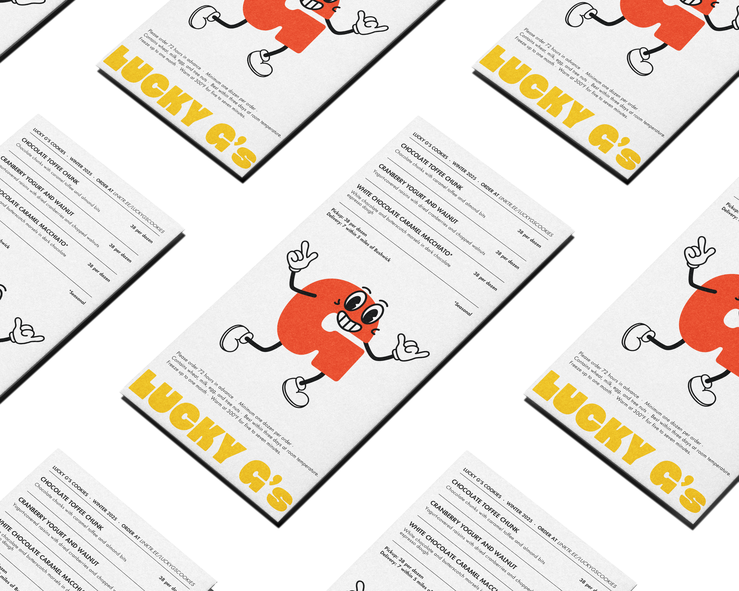 Flyers with a cartoon character of an orange cookie with a face, eyes, and limbs, showing a peace sign and urban dance poses, with the text "LUCKY A's" in bold yellow at the bottom.