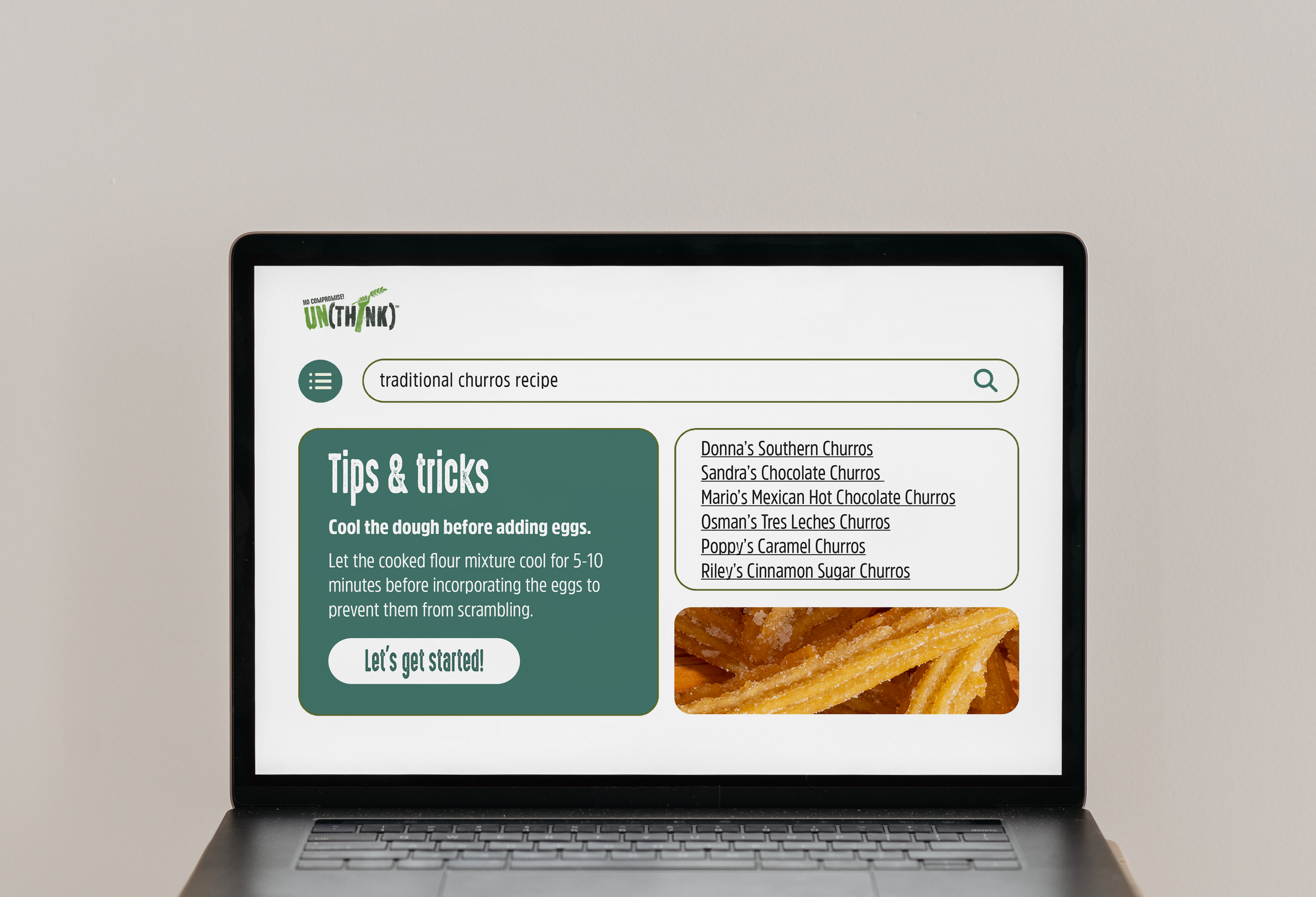 Laptop screen displaying a website with a search bar for traditional churros recipes, tips and tricks for making churros, and a list of churro recipe links, with a partially visible image of churros.