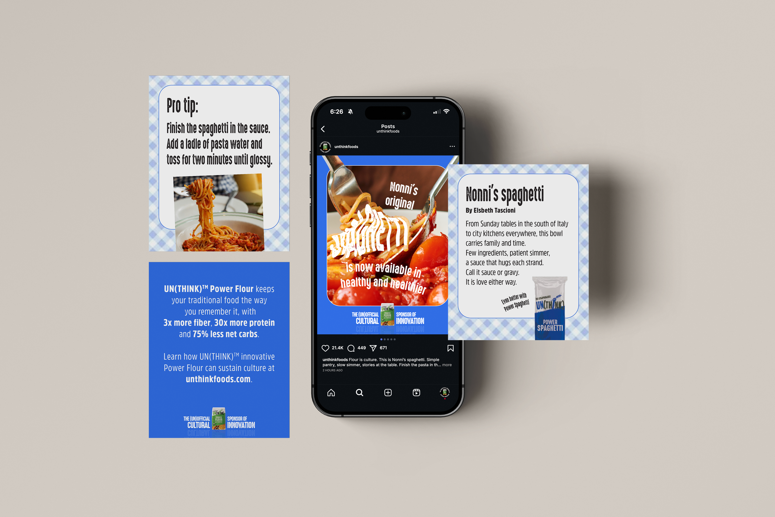 A smartphone displaying an Instagram post about Nonni's original spaghetti, surrounded by informational cards promoting UN(THINK) Power Flour and Nonni's spaghetti, with details about recipes and health benefits.