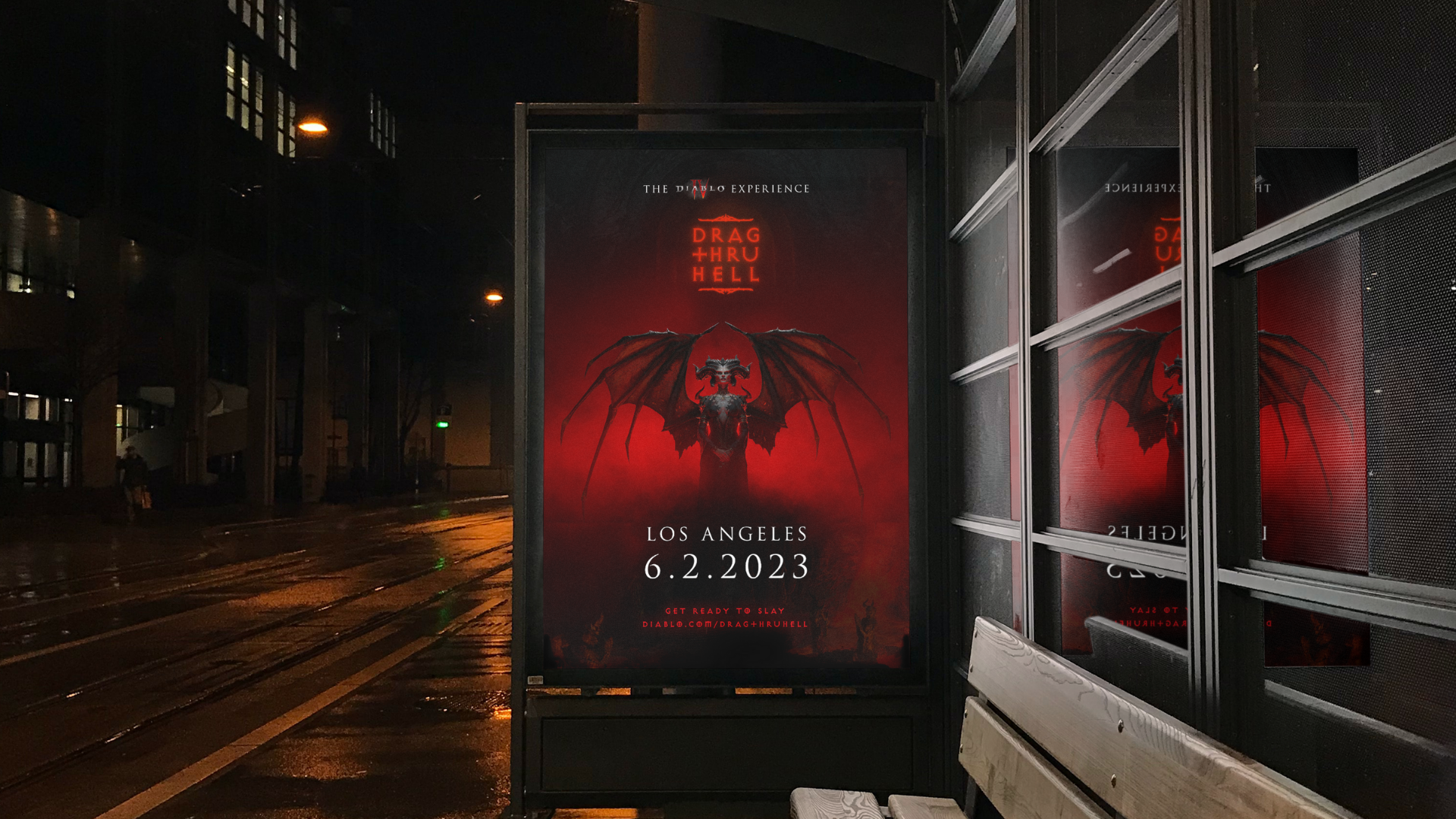 Bus stop advertisement for the Diablo experience event, featuring a red background with a dragon-like creature with wings, scheduled for June 2, 2023, in Los Angeles.