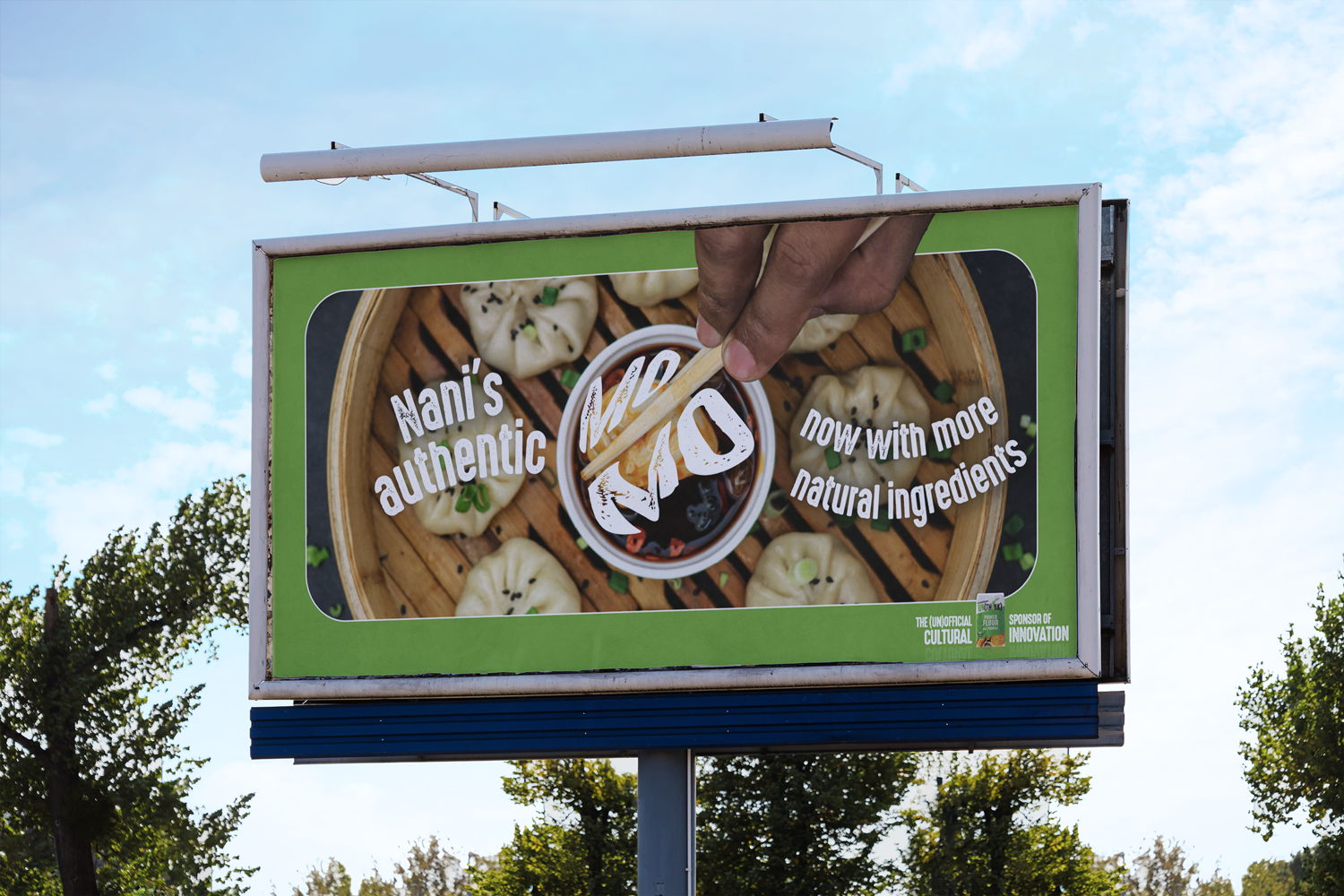 Billboard advertising Nani's authentic dumplings with natural ingredients, featuring a hand holding chopsticks over a bowl of soy sauce and dumplings.