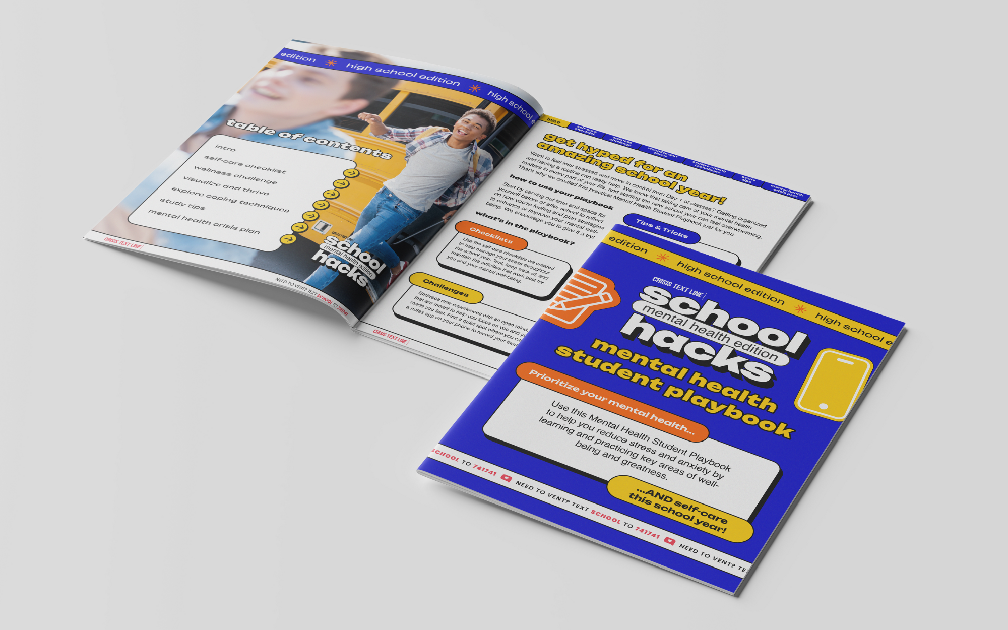 Colorful high school mental health student workbook with blue, orange, and yellow cover featuring a basketball icon and a yellow phone graphic.