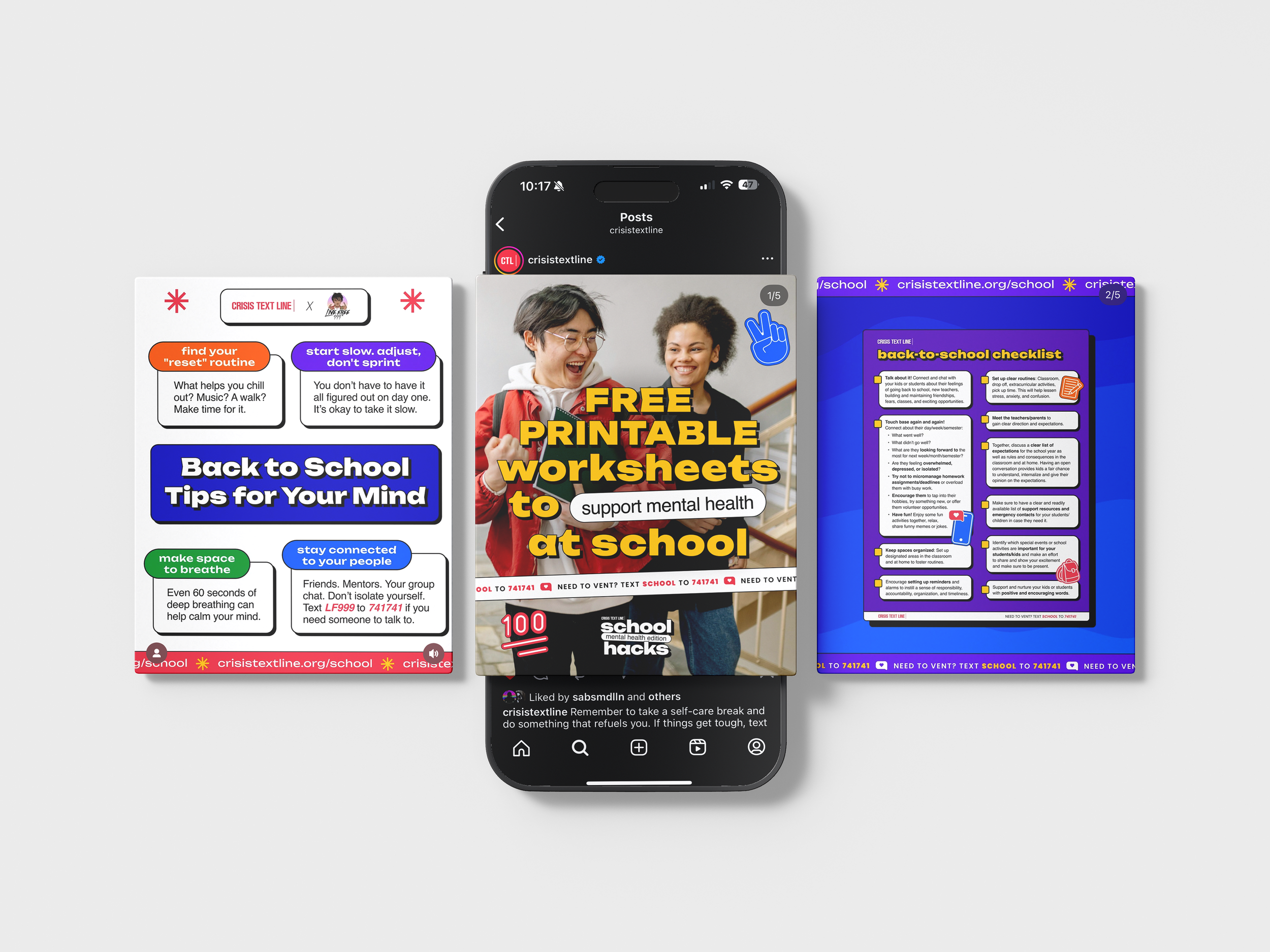 Smartphone displaying social media post about free printable worksheets for supporting mental health at school, flanked by two printed back-to-school tips sheets with color-coded sections and checklists.