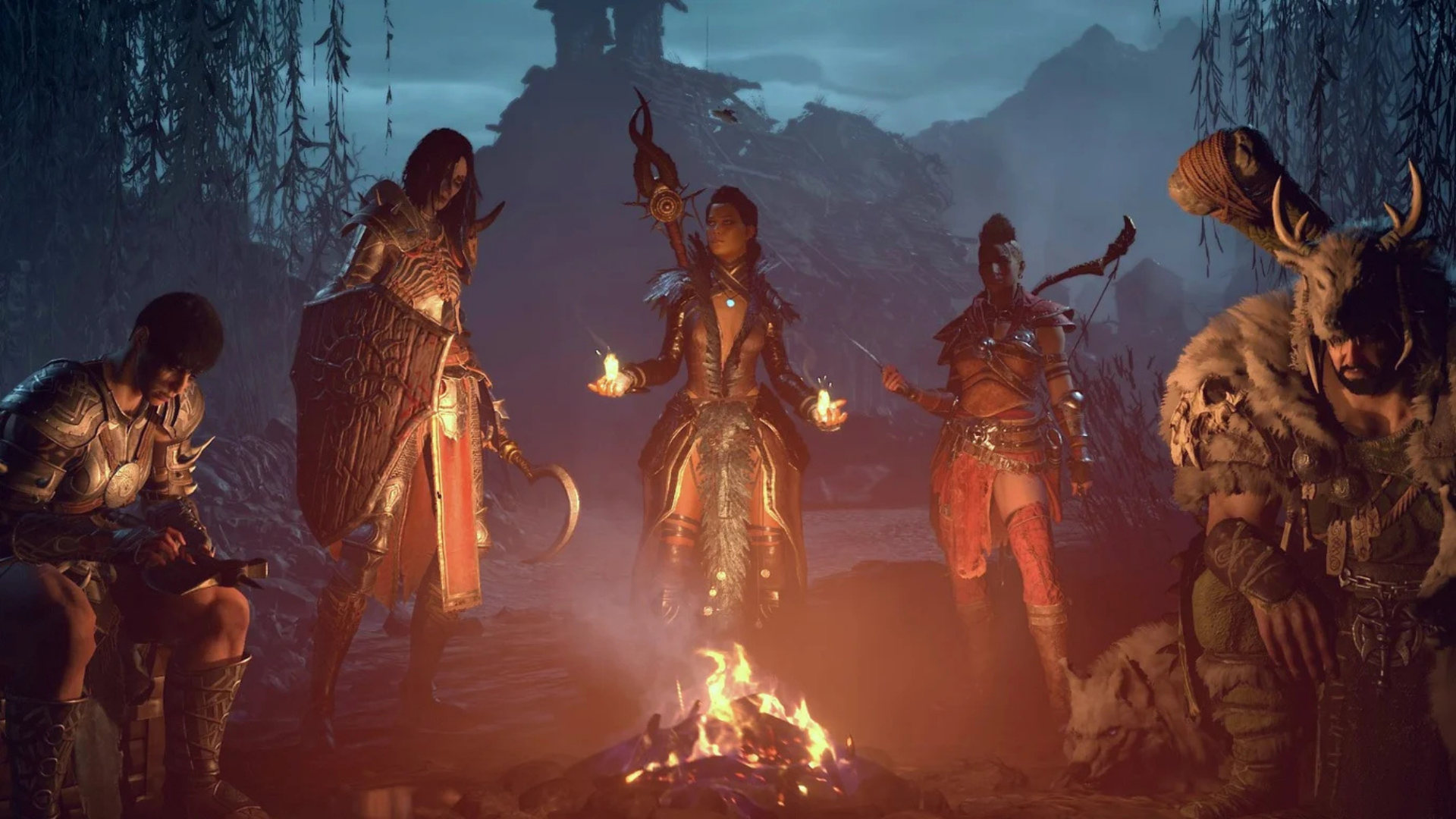 Group of fantasy warriors gathered around a campfire at night, with a dark forest and mountains in the background. They wear armor and clothing with tribal and medieval influences, with one character holding fire in her hands and another wearing a ho