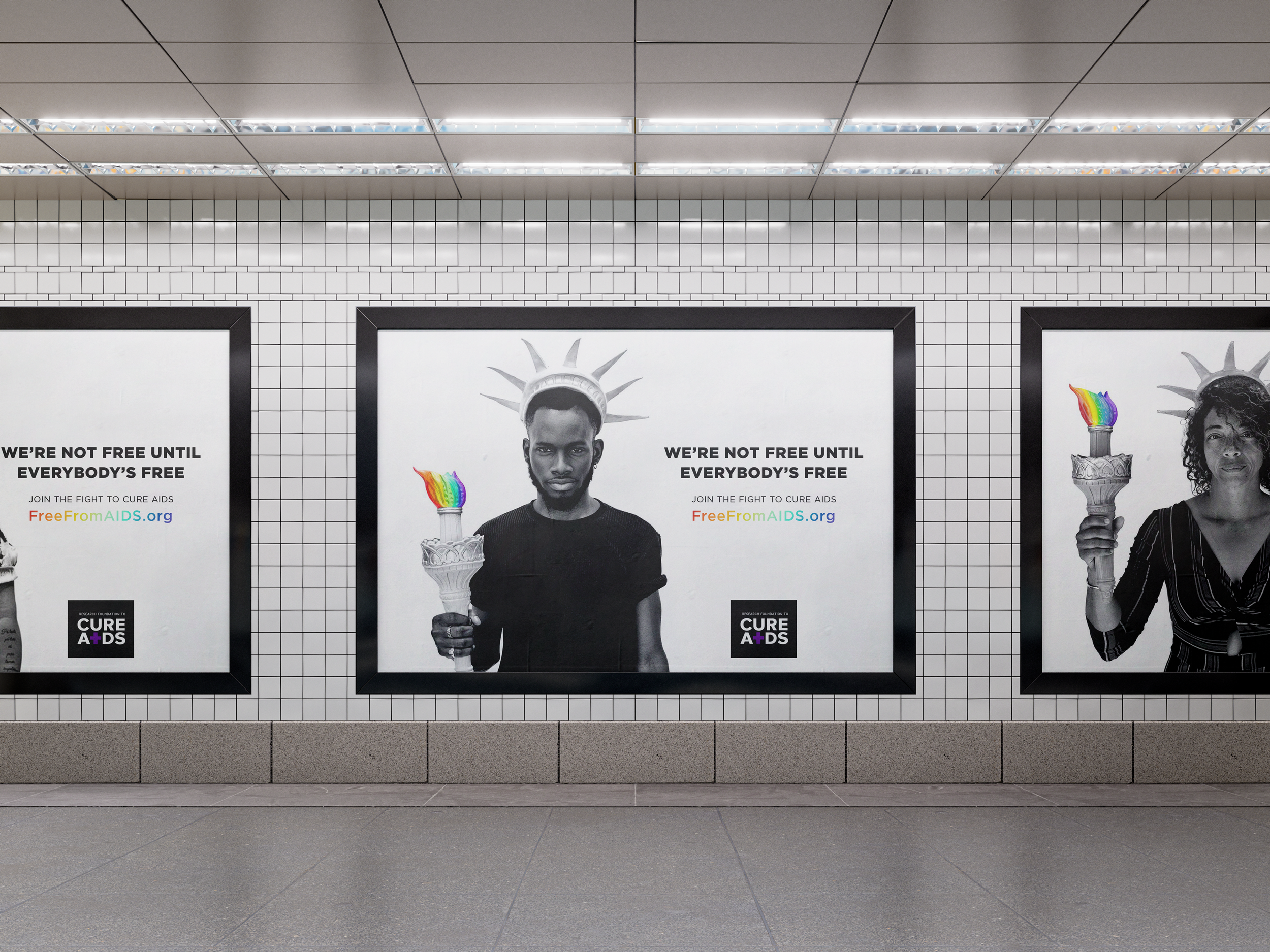 Three black-and-white advertisements on a tiled wall, each featuring a person holding a rainbow-colored torch and a phrase about AIDS awareness.
