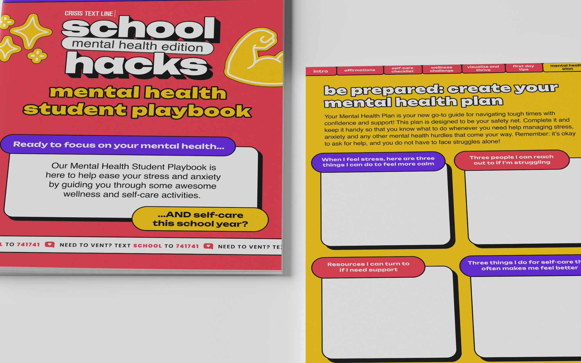 A two-page spread of a mental health student workbook. The left page has a bright pink background with yellow star and arm illustrations, and black, white, and purple text about mental health wellness activities. The right page has a yellow background with various sections and prompts for creating a mental health plan, including purple and red header labels, bullet points, and blank space for notes.