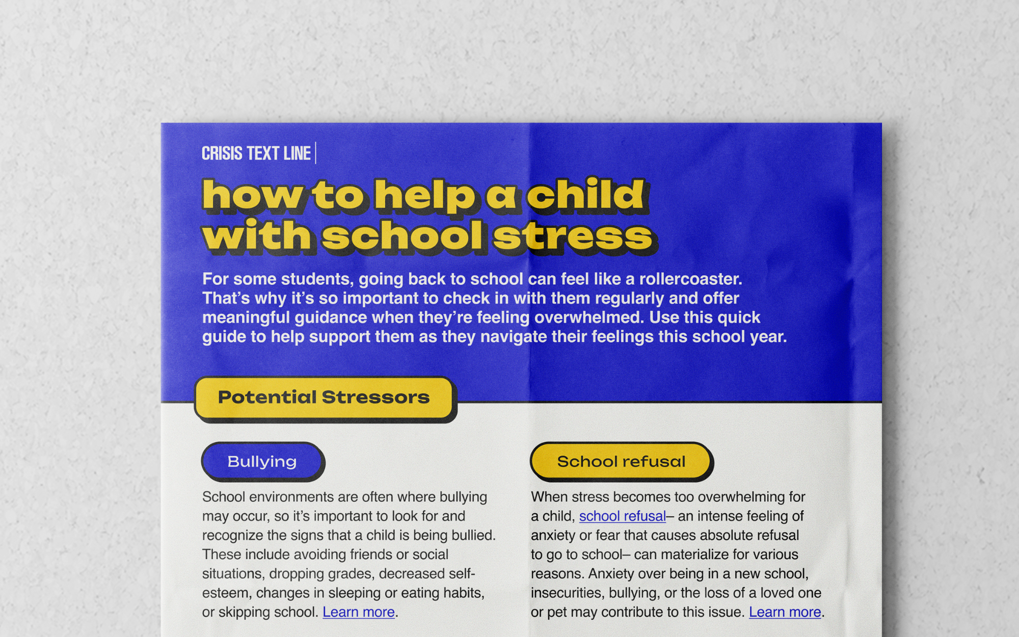 A printed guide titled 'how to help a child with school stress,' divided into sections about potential stressors like bullying and school refusal, with colored headers and icons.