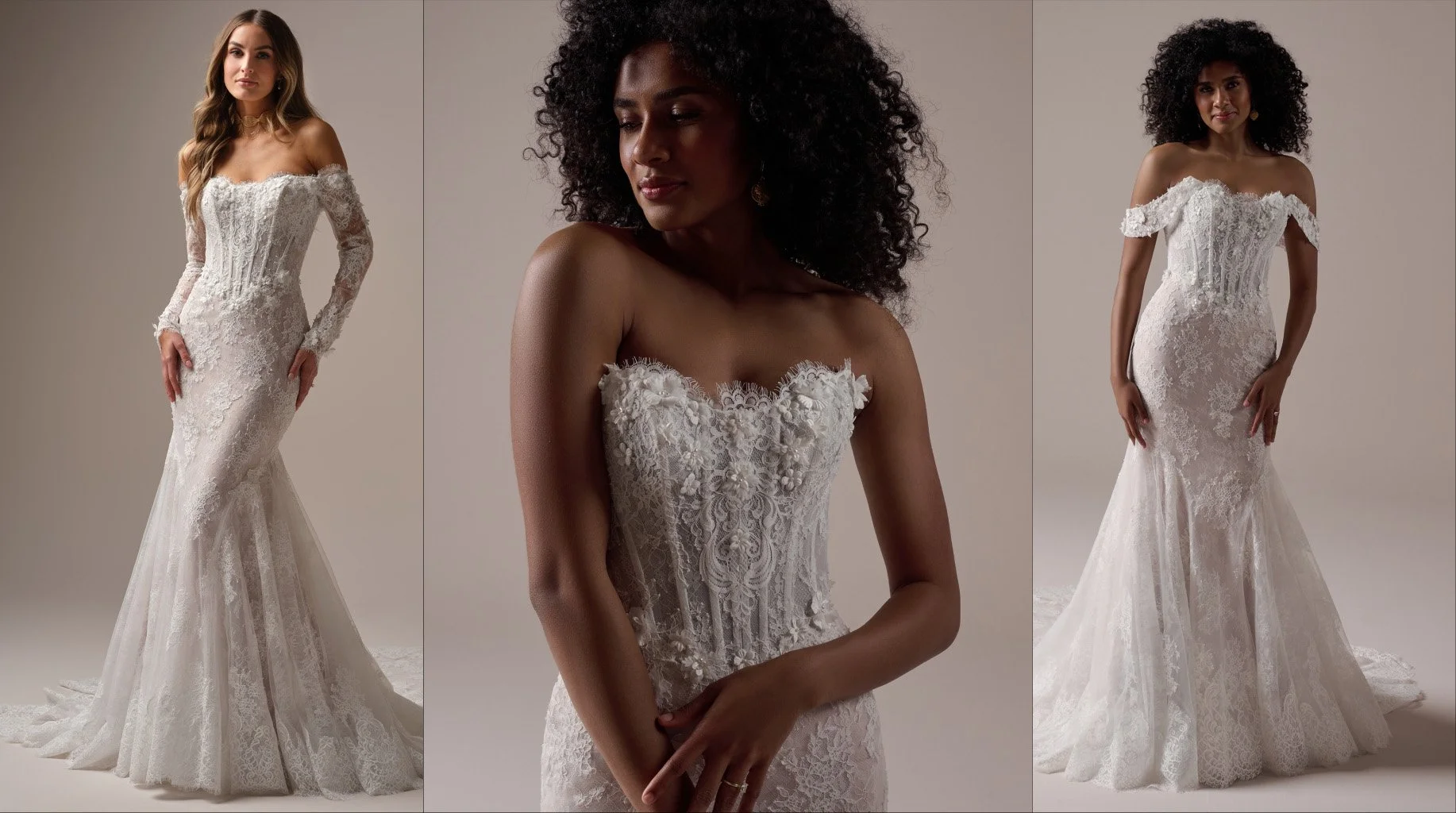 Convertible style Maggie Sottero lace sheath wedding gown with long sleeves, cap sleeves, or strapless.