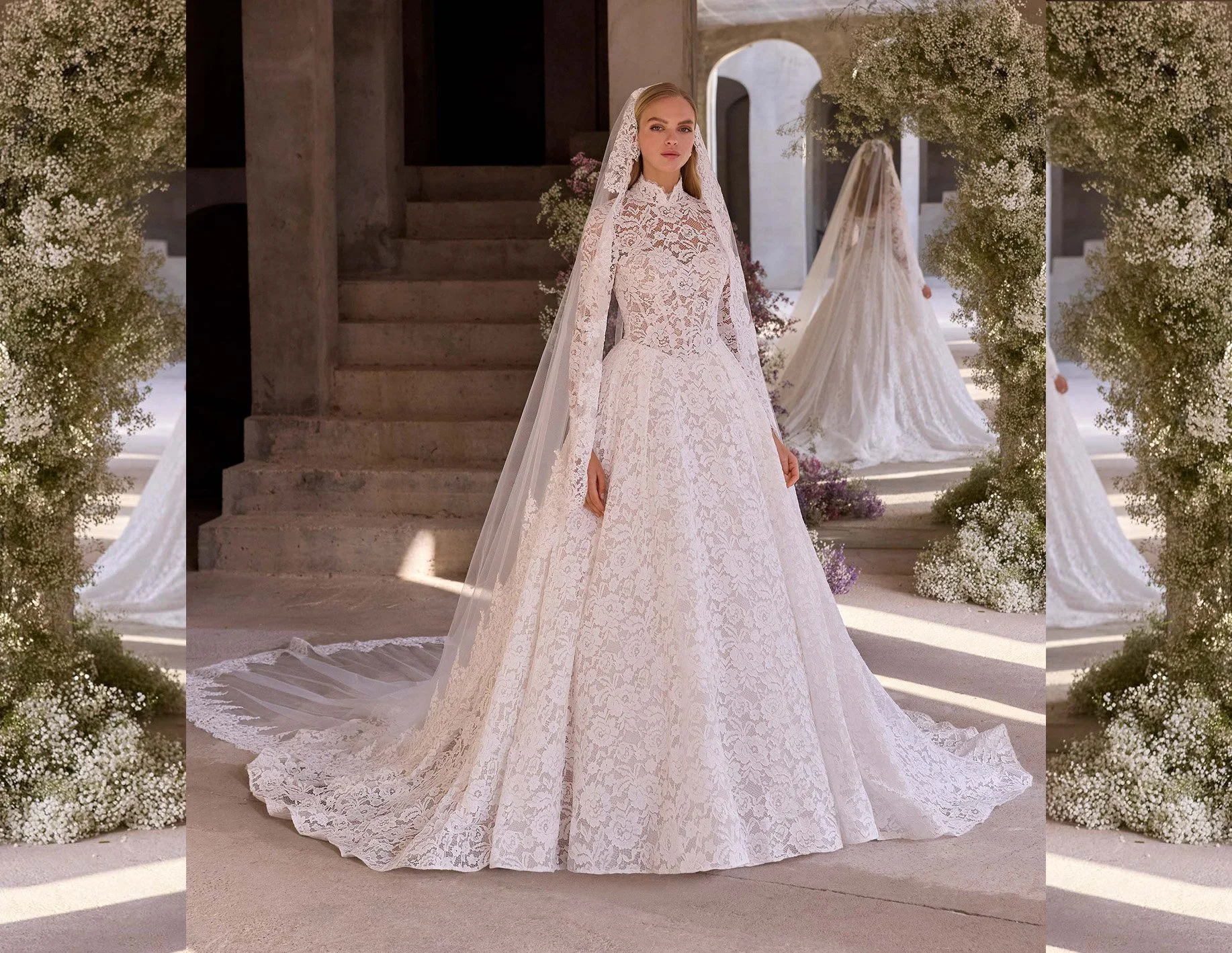 A stunning long sleeved wedding gown with modest cut neckline.  The bodice is adorned with large scale floral applique that flow into a full A-line skirt.