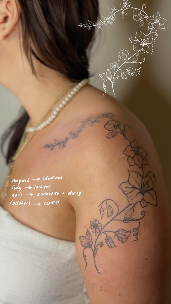 *ੈ𑁍༘⋆
°❀⋆.ೃ࿔*:・ honoured to have tattooed this really special piece for mia• custom birth flower shoulder tattoo• handpoked • *ੈ𑁍༘⋆
°❀⋆.ೃ࿔*:・
what flowers would you get? would love to do more of this placement!
⋆。‧˚ʚ ❀ ɞ˚‧