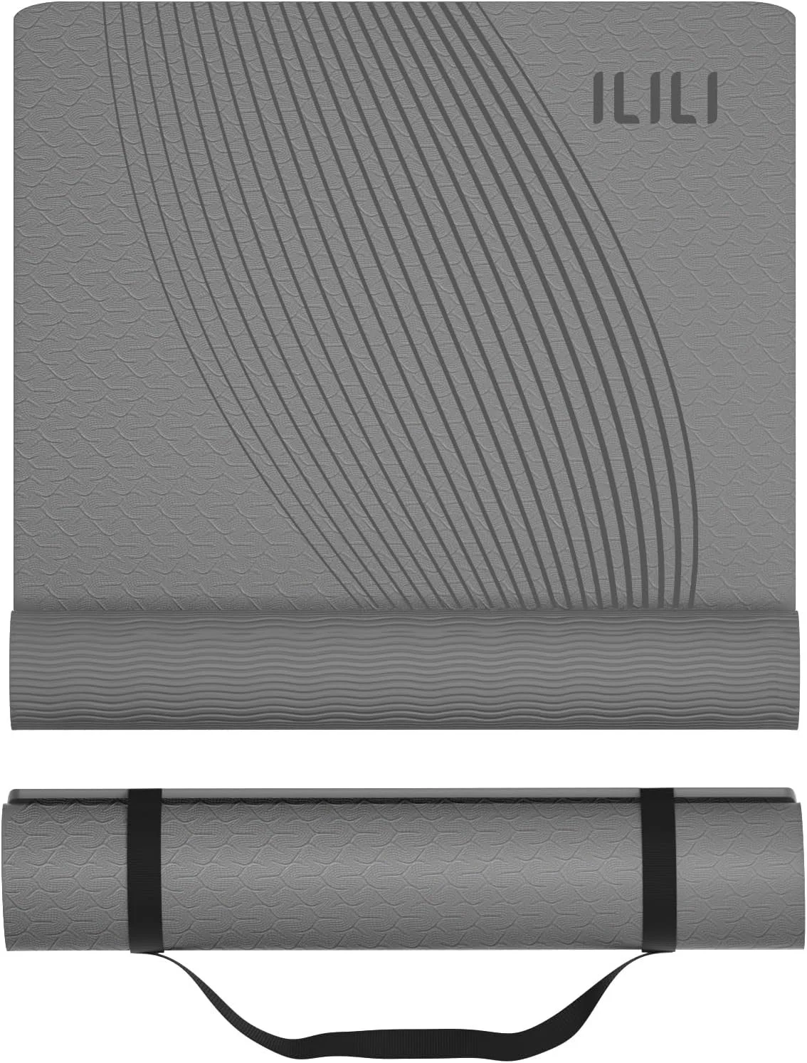 Gray exercise mat for yoga and Pilates with carrying strap