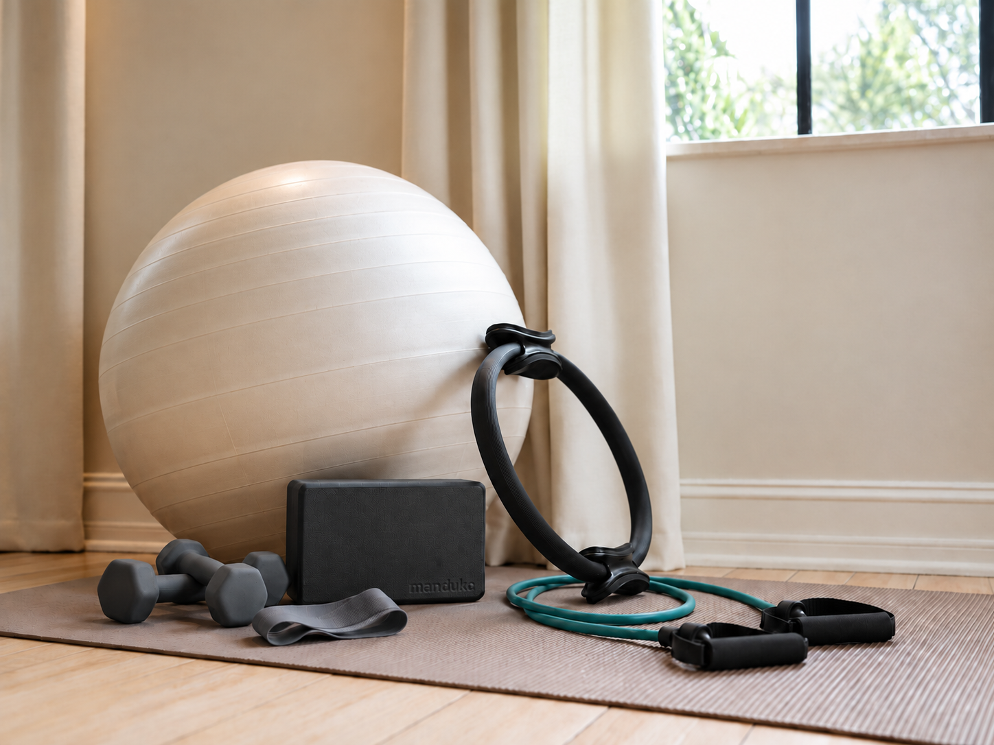 Home workout set up including a yoga mat, stability ball, yoga block, hand weights, magic circle and resistance bands.