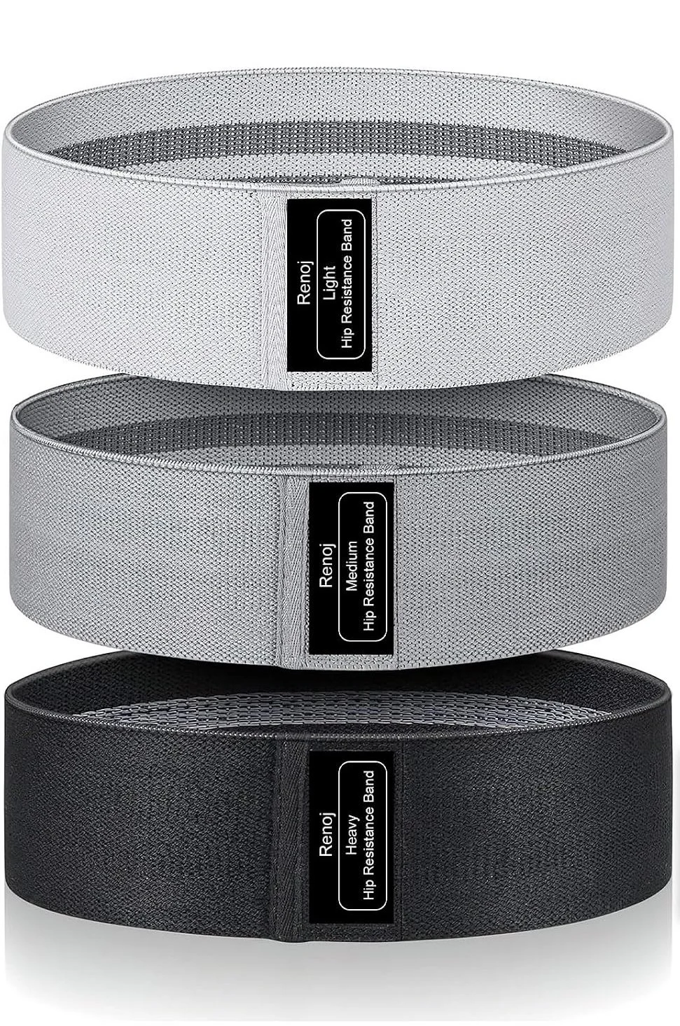 Three fabric resistance band loops in various shades of gray offering different levels of resistance.