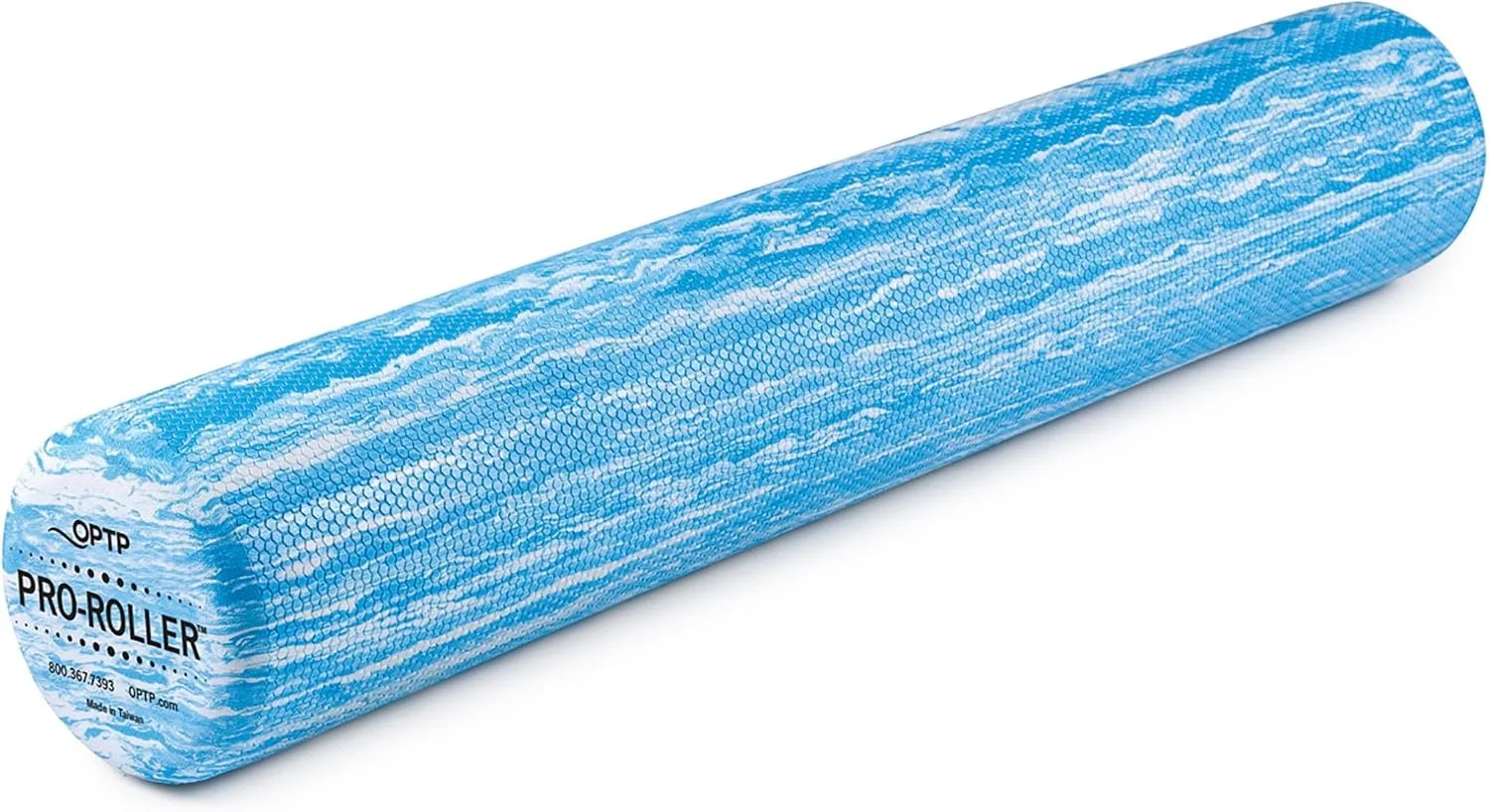 Blue and white marbled standard density OPTP foam roller