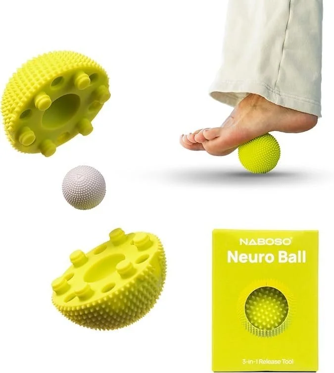 Textured yellow-green ball that splits in half for massaging feet