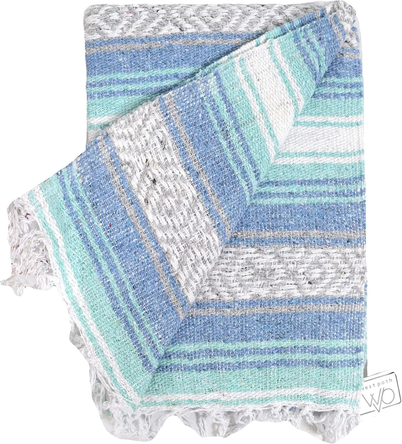Handwoven Mexican blanket with white, aqua, gray and denim blue stripes
