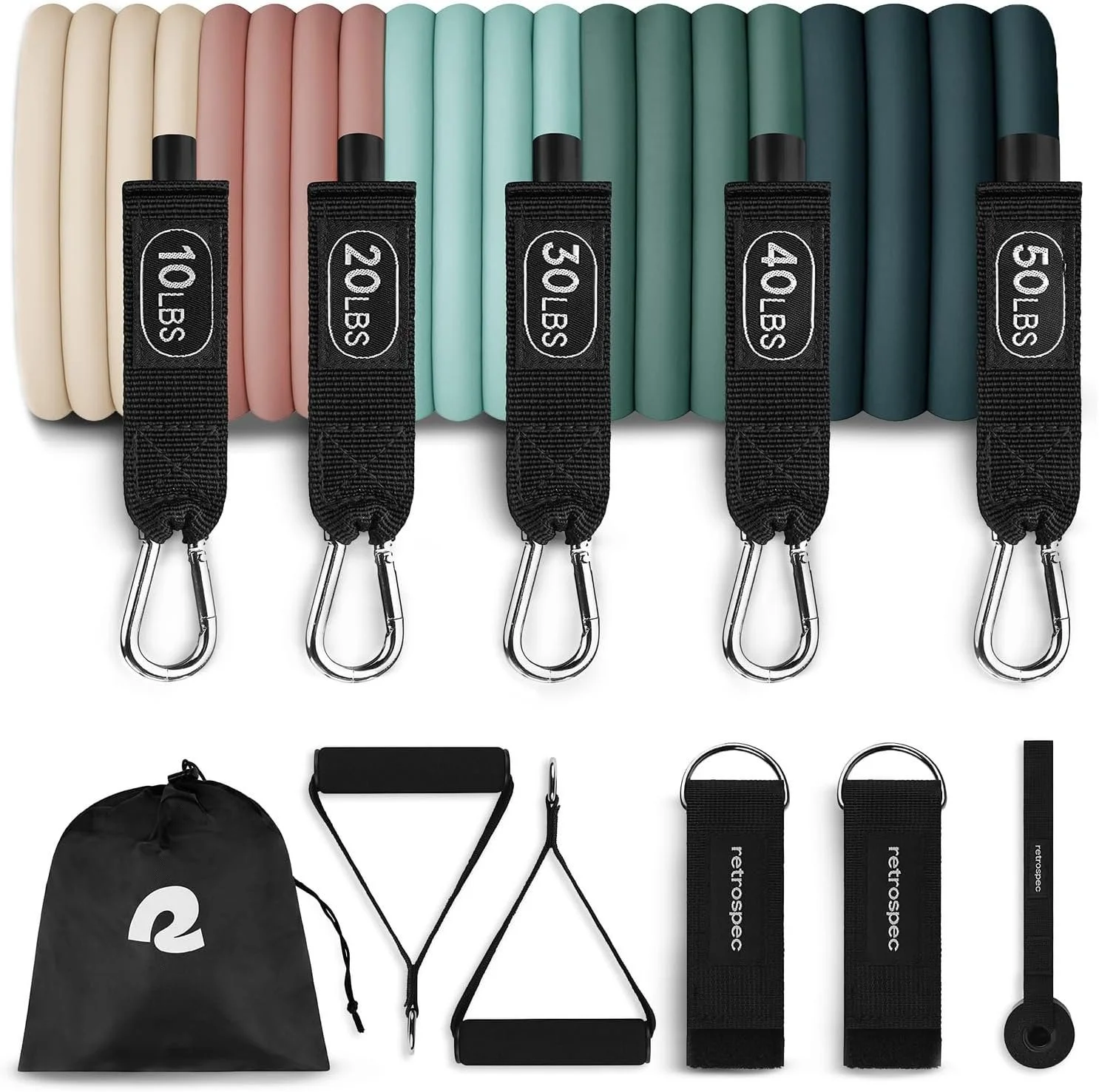 Set of resistance bands ranging from 10 to 50 lbs of resistance including handles, straps, a door anchor and a travel bag.