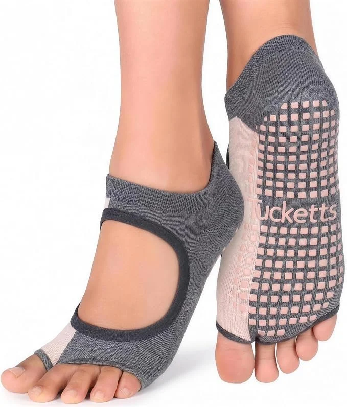 Tucketts Allegro gray and pink toeless grip socks