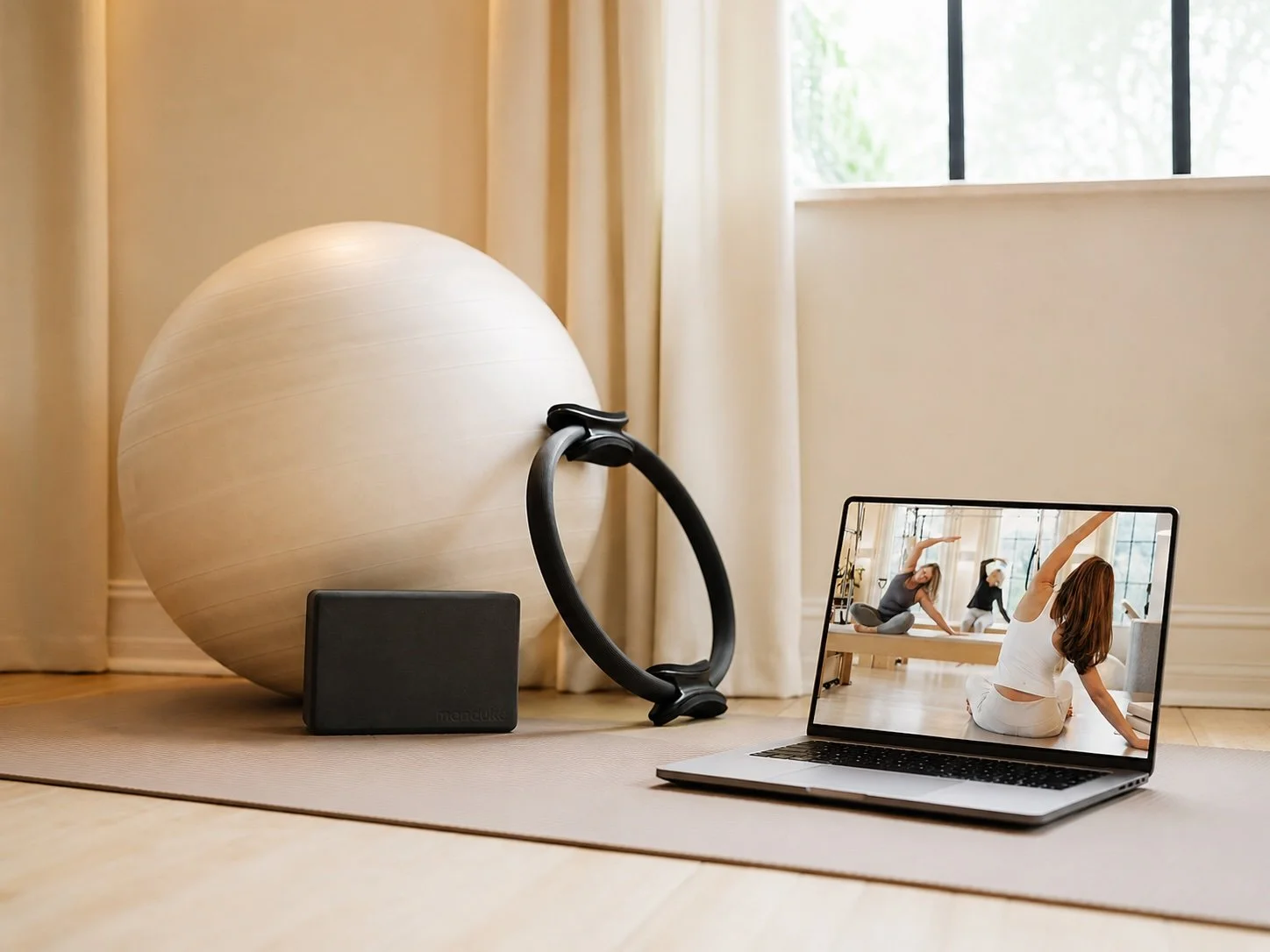 At-home online Pilates workout setup with a mat, laptop playing a Pilates class, stability ball, Pilates ring, and block.