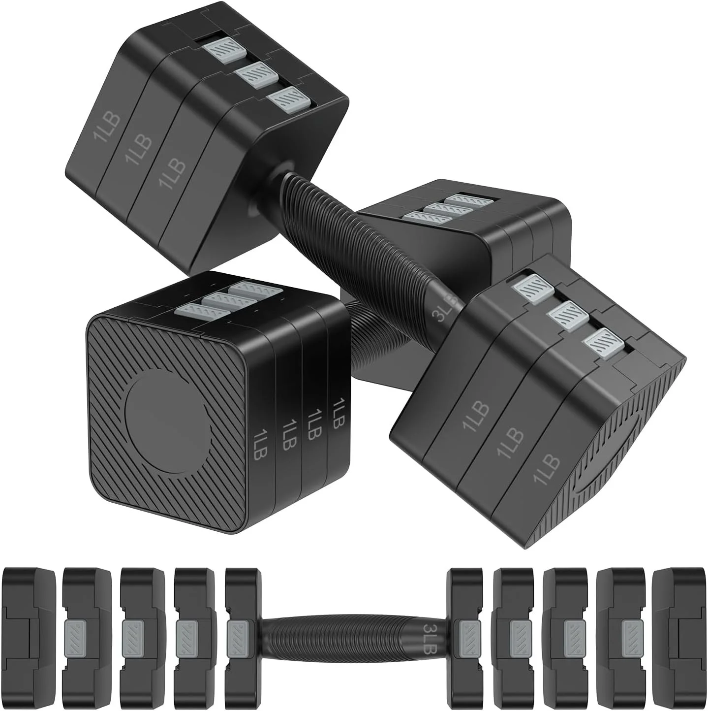 Adjustable dumbbells varying from 3 to 11lbs each
